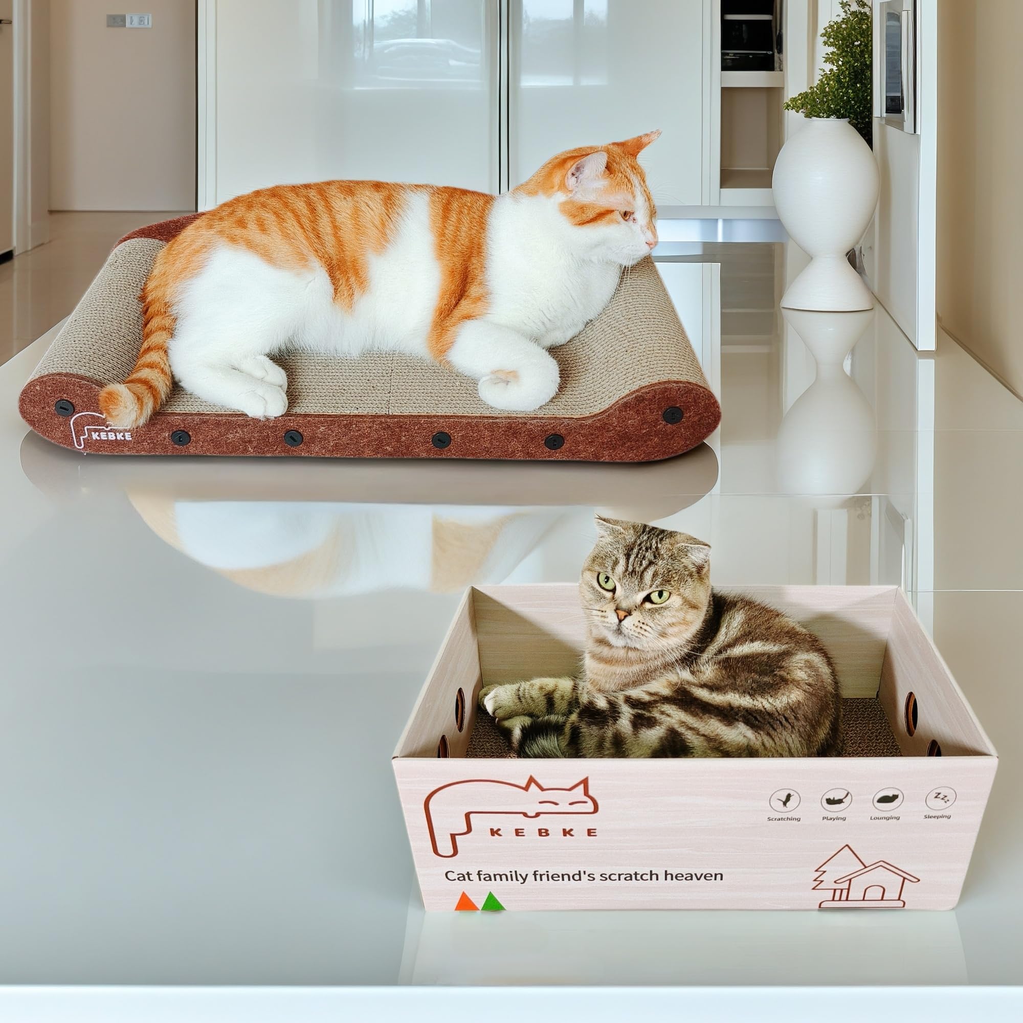KEBKE Cat Scratcher 24" Sofa Bed & 16" Lounge Box, Durable Corrugated Paper, Brown, Model KK-0060