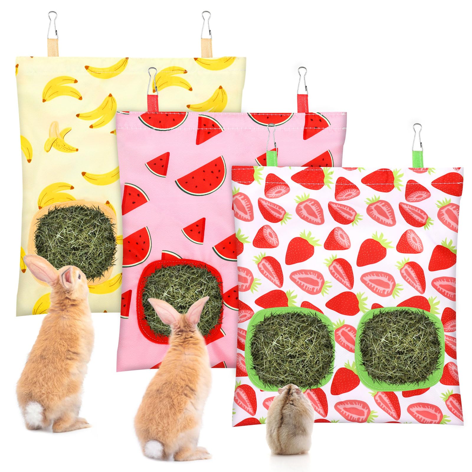 UPINS 3 Hay Bag for Rabbits 2-Hole Hanging Hay Feeder Guinea Pig Hay Bags, Hay Feeder for Rabbits Chinchillas Hamsters Small Pet