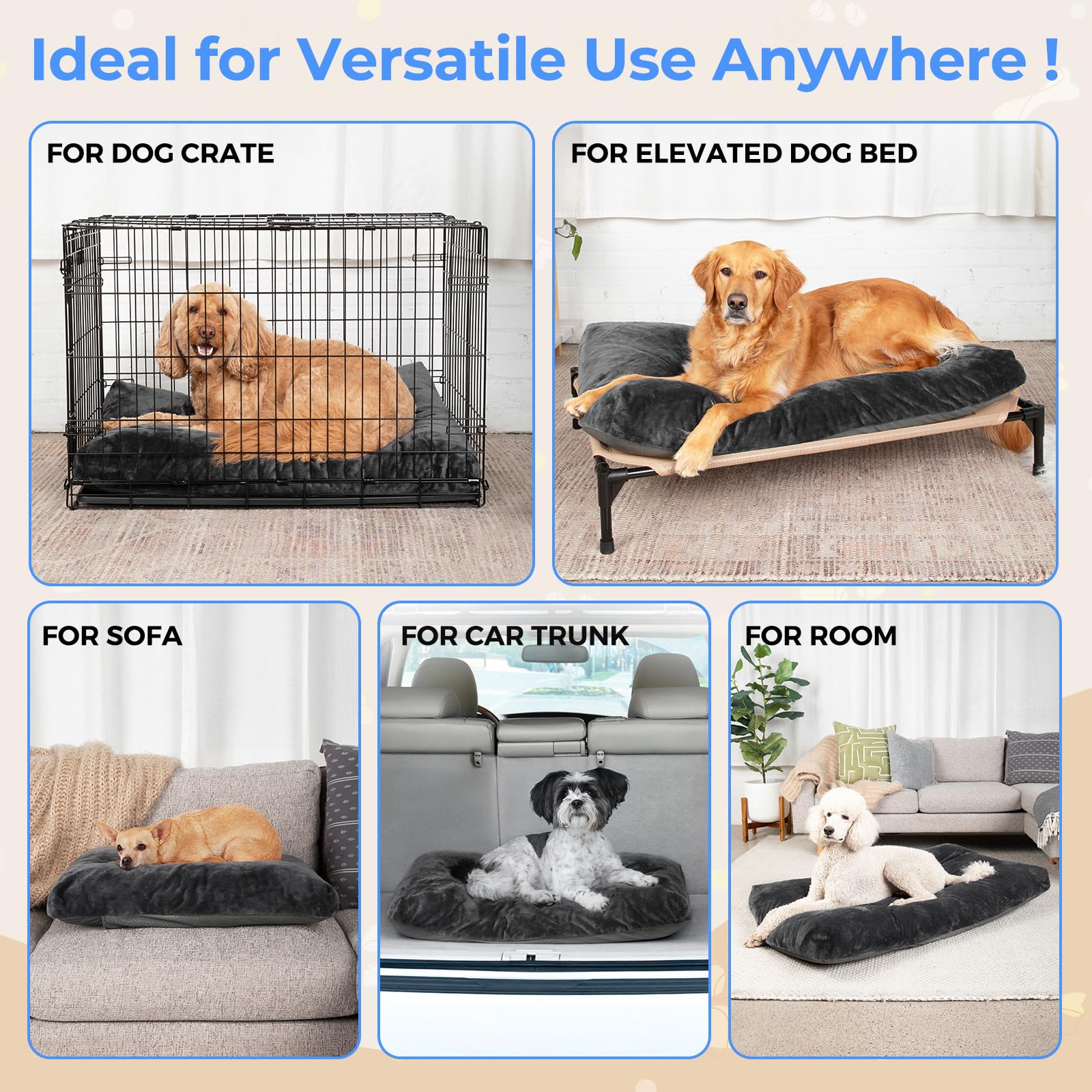 OhGeni Comfort Fluffy Dog Bed with Removable Washable Cover & Waterproof Lining, Chew Proof & Non-Slip Soft Crate Bed for Large,