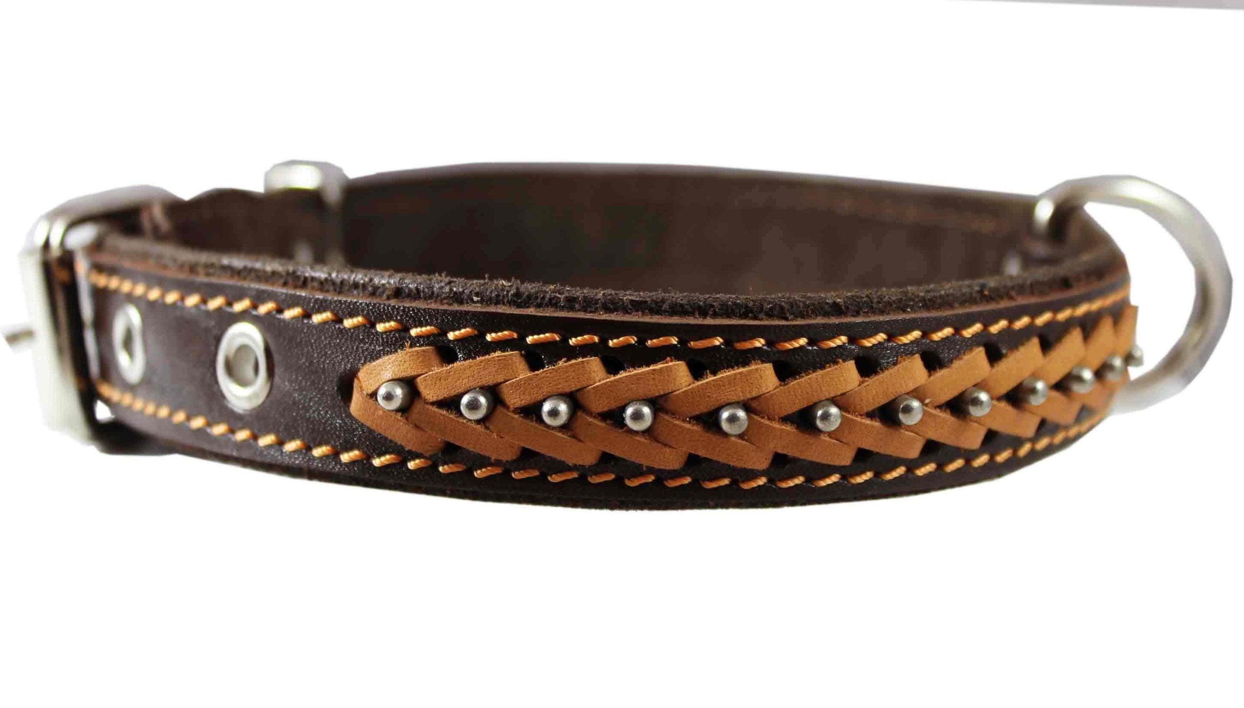 Genuine Leather Braided Studded Dog Collar, Brown 1 Wide. Fits 14-18 Neck.