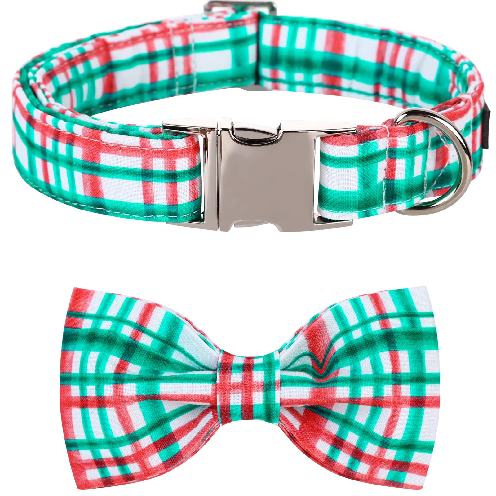 Lionet Paws Dog Collar With Bowtie, Detachable Bowtie For Dressing Up, Large, Red&Green Grid, Cotton, Buckle Closure, Ideal For 