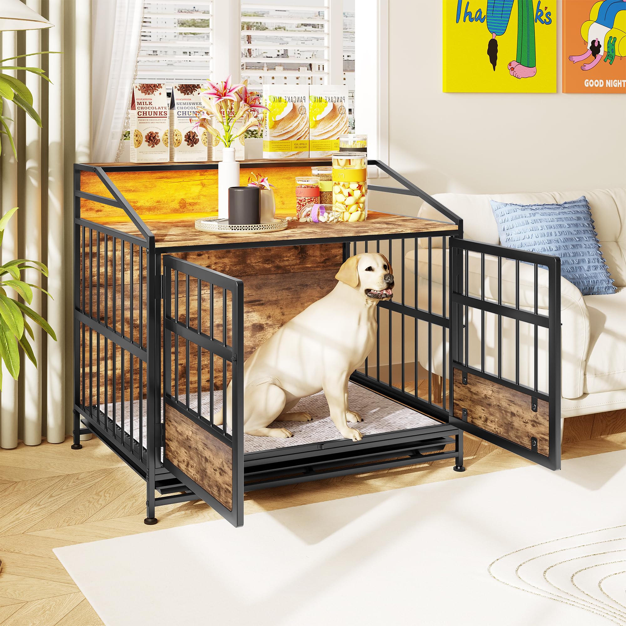 Maliacife Dog Crate Furniture with Led Lights,Heavy Duty Wooden Dog Kennel with Double Doors,Dog House Indoor for Small Medium D
