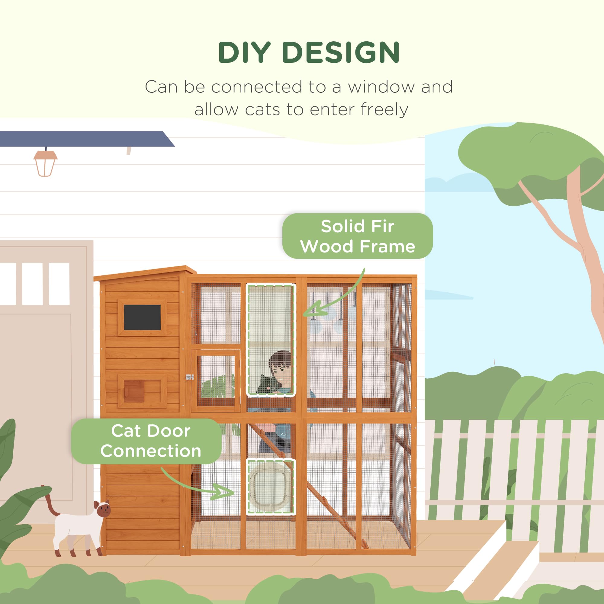 Pawhut Catio Outdoor Cat Enclosure, Wooden Cat Patio Cat Window Box With Platforms, Waterproof Asphalt Roof, Ramps, 77' L, Natural