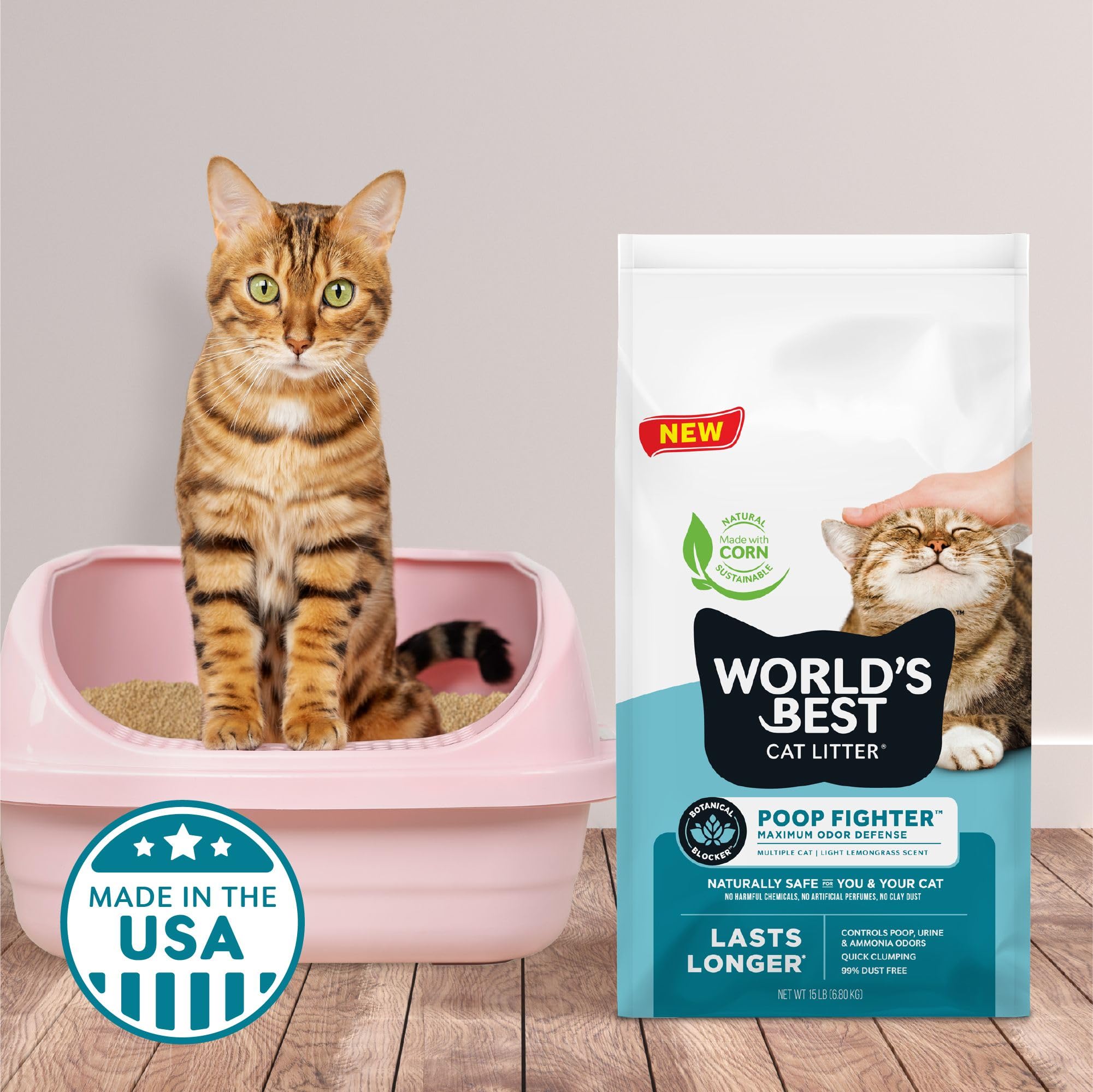 World'S Best Cat Litter Poop Fighter Maximum Odor Defense, 8-Pounds - Natural Ingredients, Quick Clumping, Flushable, 99% Dust Free & Made In Usa - Long-Lasting Odor Control & Easy Scooping