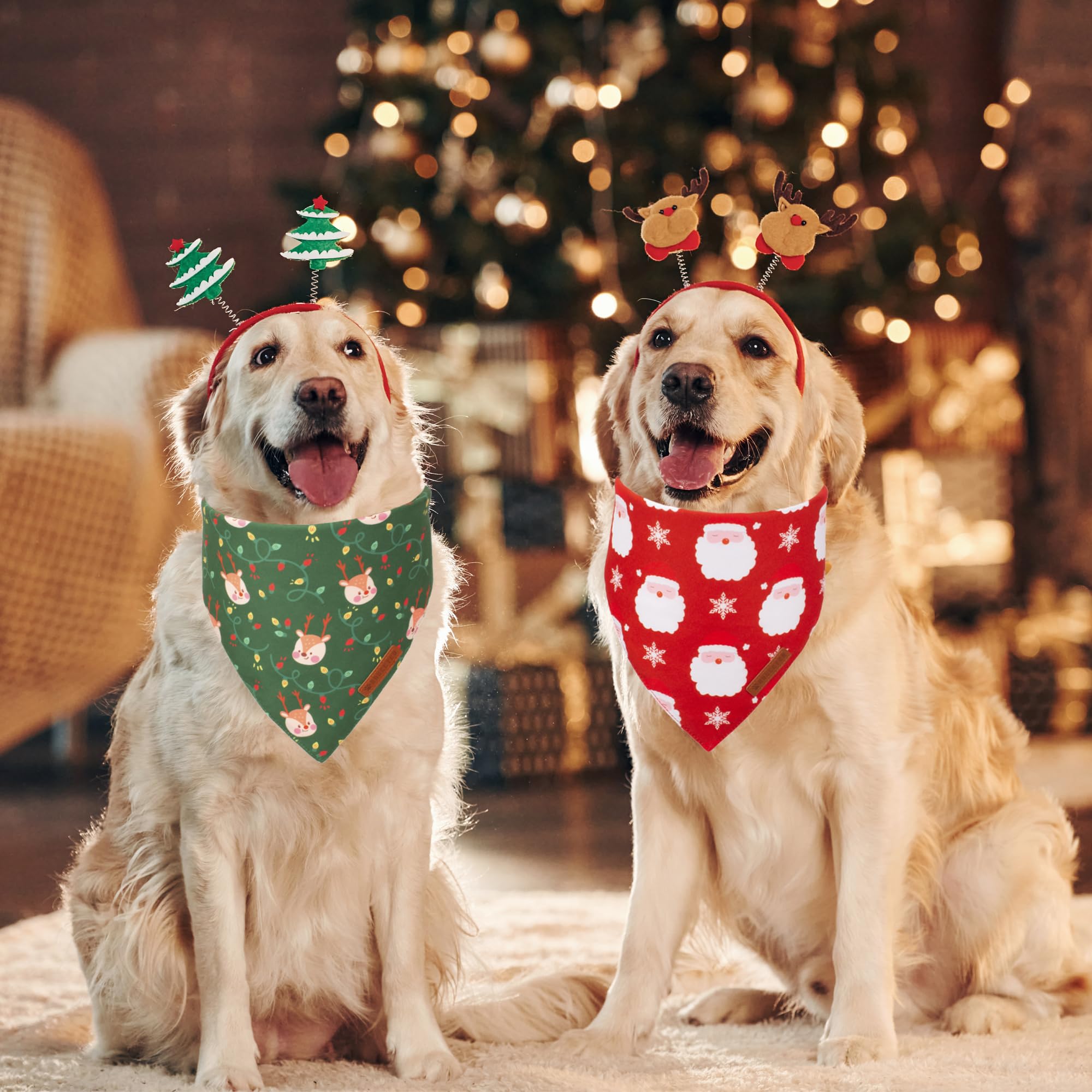 ADOGGYGO Christmas Dog Bandanas 2 Pack, Santa Deer Pattern Pet Xmas Scarf Bib, Premium Durable Fabric, Pet Christmas Bandanas fo