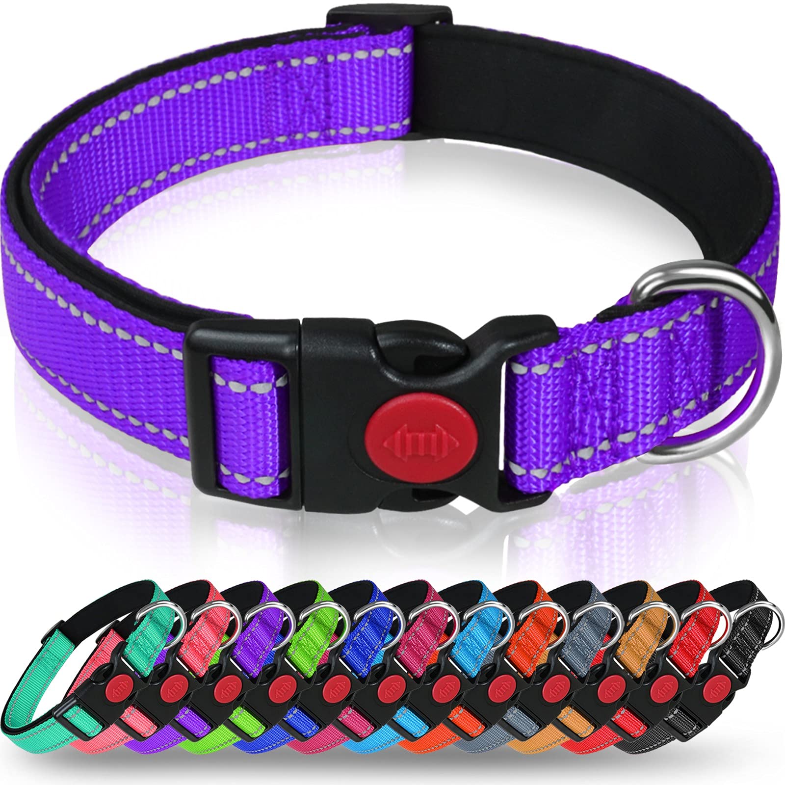 Taglory Reflective Dog Collar With Safety Locking Buckle, Adjustable Nylon Pet Collars For Extra Large Dogs Female Male, Purple,