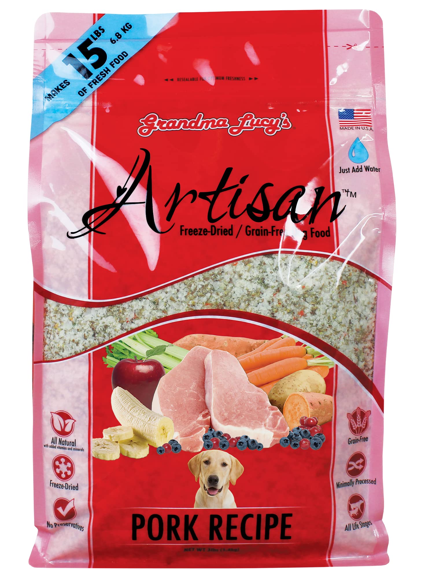 Grandma Lucys Artisan Dog Food, Grain Free and Freeze-Dried - Artisan Pork, 3Lb Bag