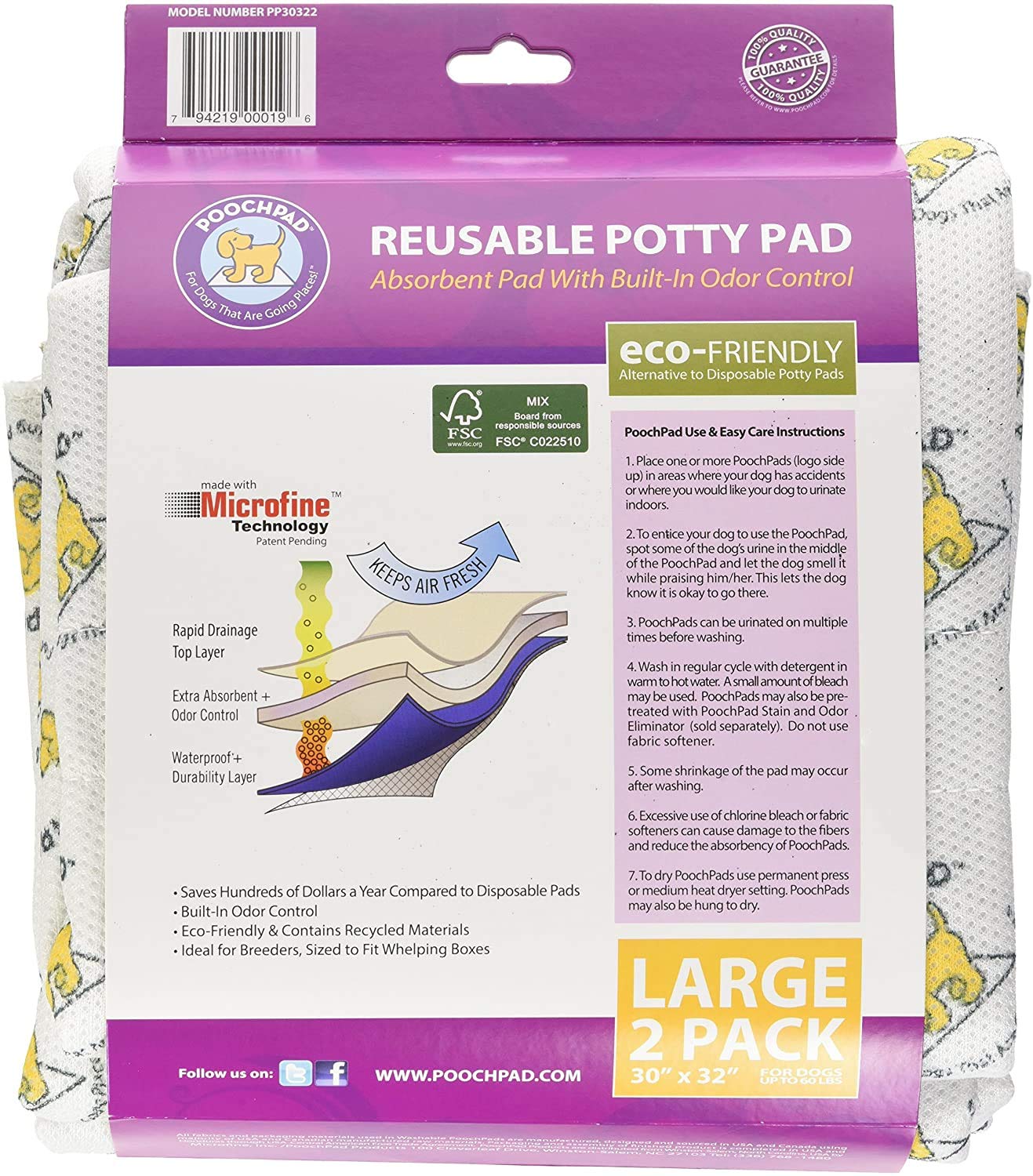 Poochpad Original Washable, Reusable Potty Pad (Large, Pack Of 2) - Unmatched Odor Control, Leakproof Puppy Training Pee Pad