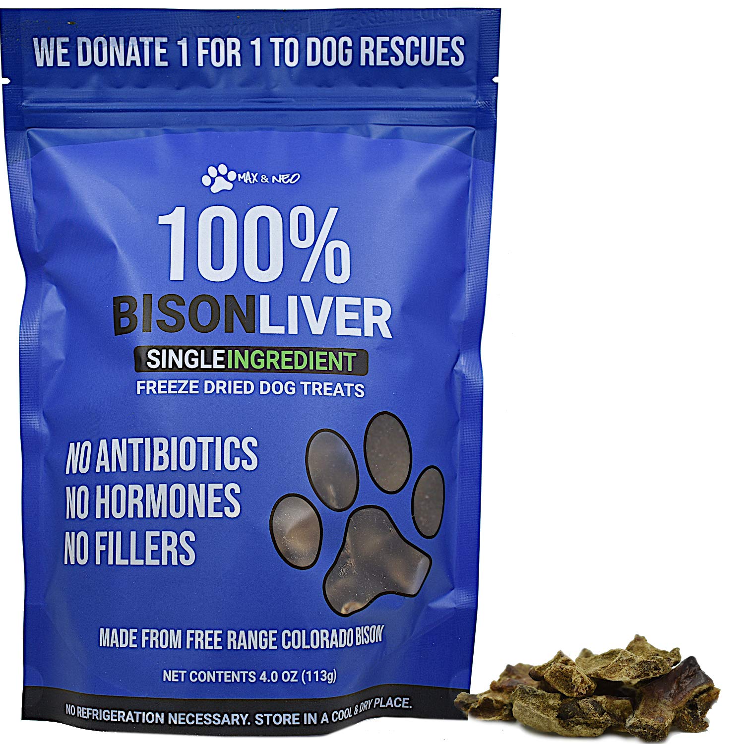 Max and Neo Freeze Dried Bison Liver Dog Treats - Single Ingredient, Free Range North American Bison, Human Grade - We Donate 1 