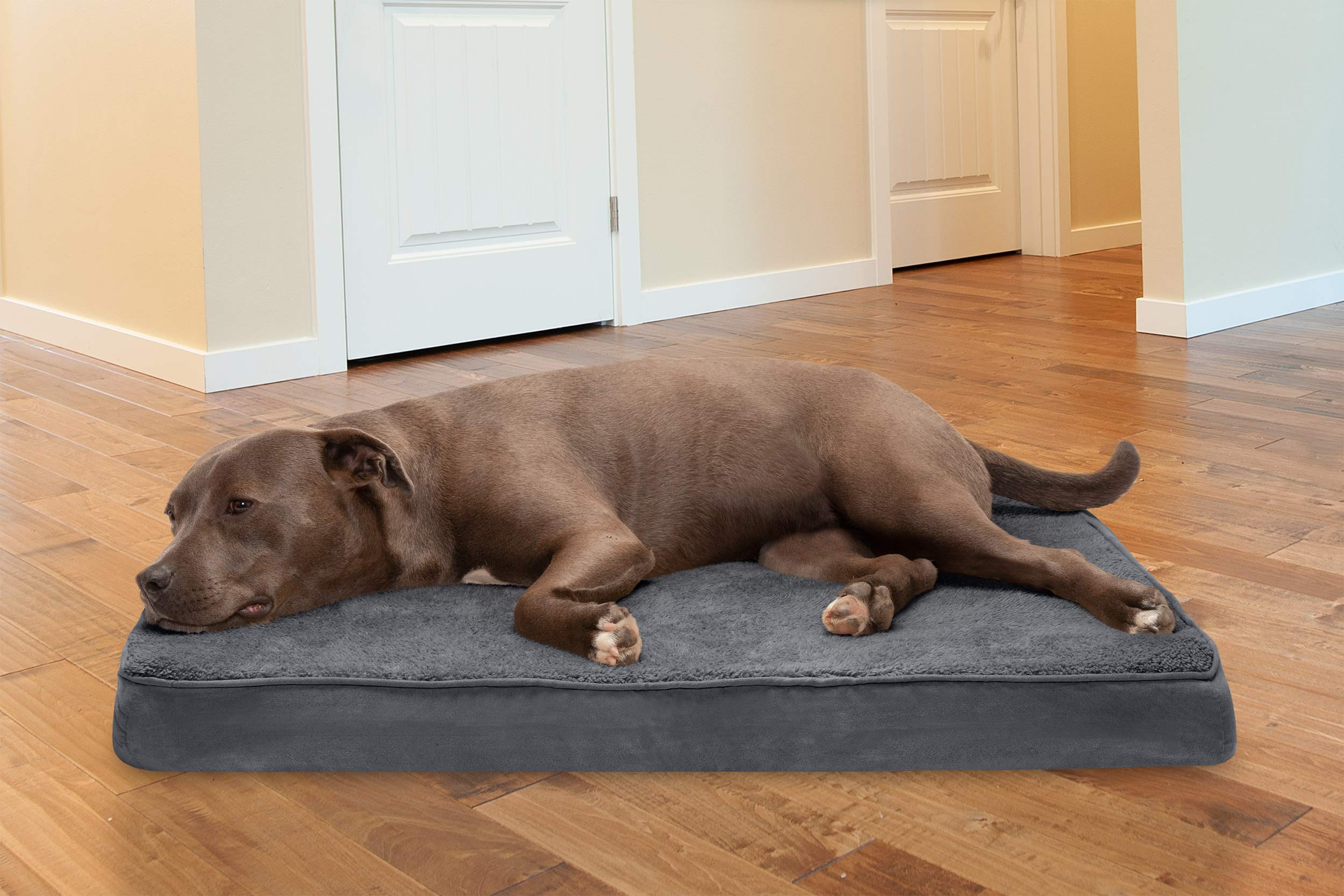 Furhaven Pet Products Terry & Suede Deluxe Cooling Gel Memory Foam Pet Bed For Dogs & Cats - Gray, Large