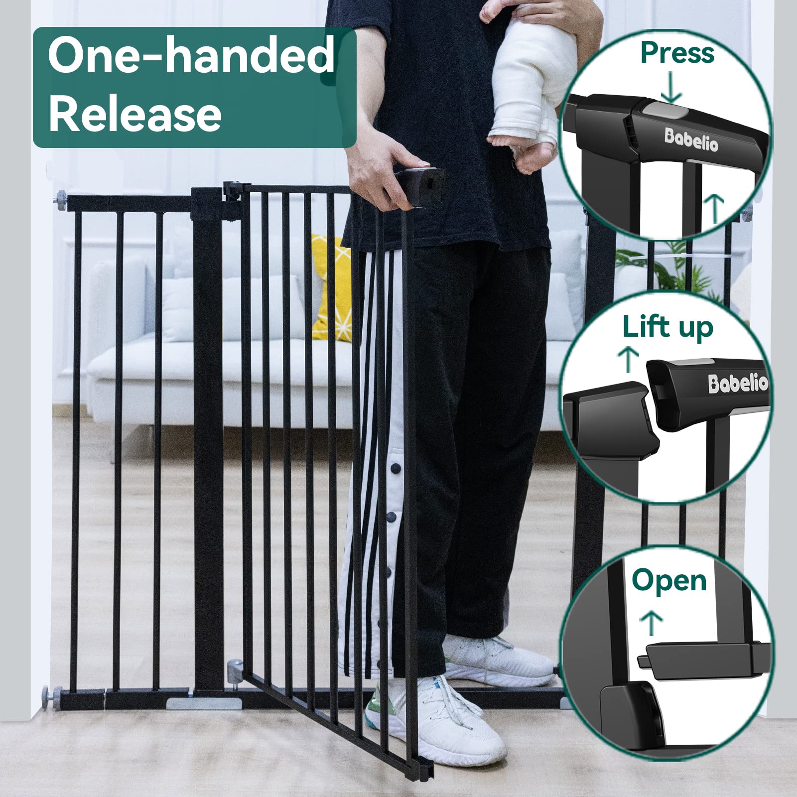 Babelio 36' Tall Baby Gate, 29-48' Auto-Close And Pressure Mounted Baby Gate For Stairs, Doorways, Hallway, Easy Walk Thru Pet Gate, Metal Child Gate With 2*Y Spindle Rods, Black