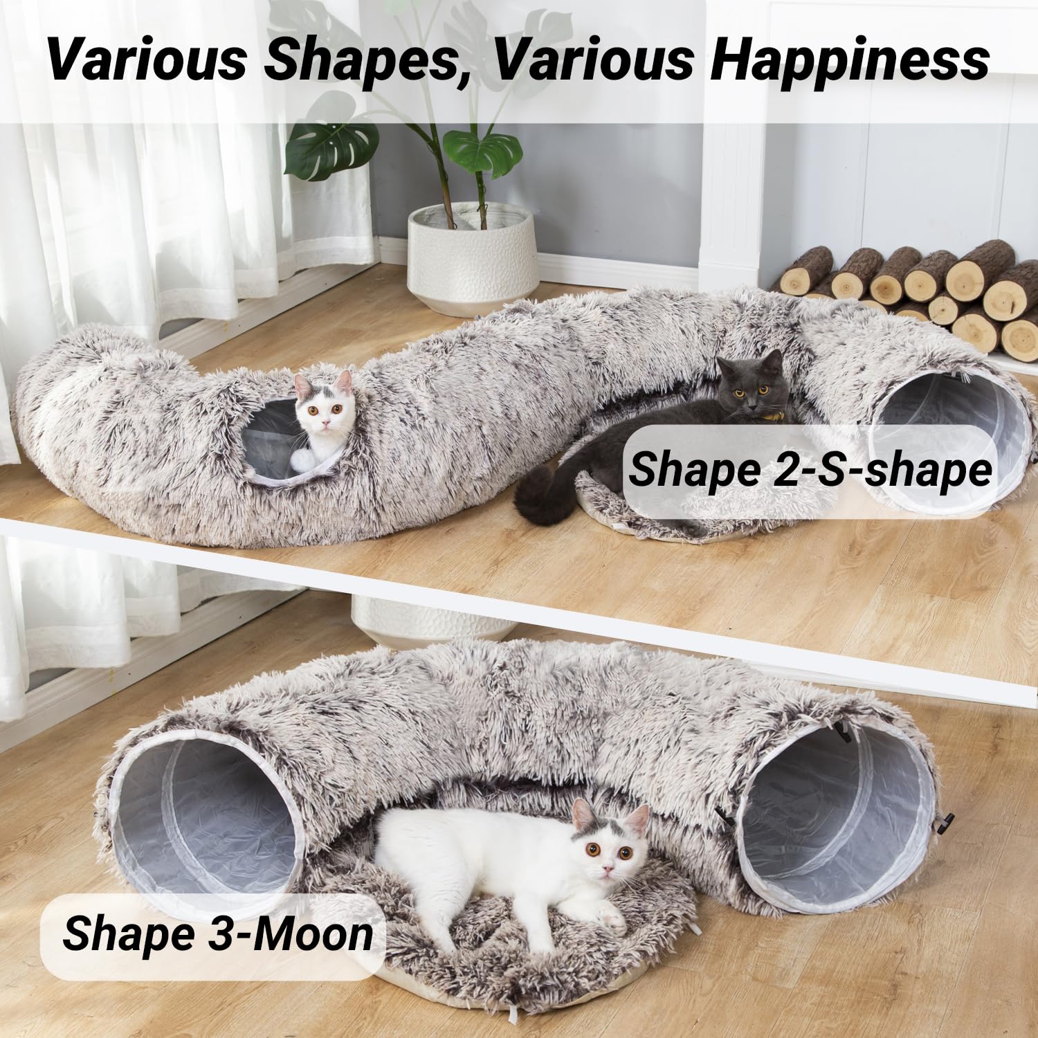 LUCKITTY Warm Fluffy Plush Cat Dog Tunnel Bed with Washable Cushion-Big Tube Playground Toys 3 FT Diameter Longer Crinkle Collap