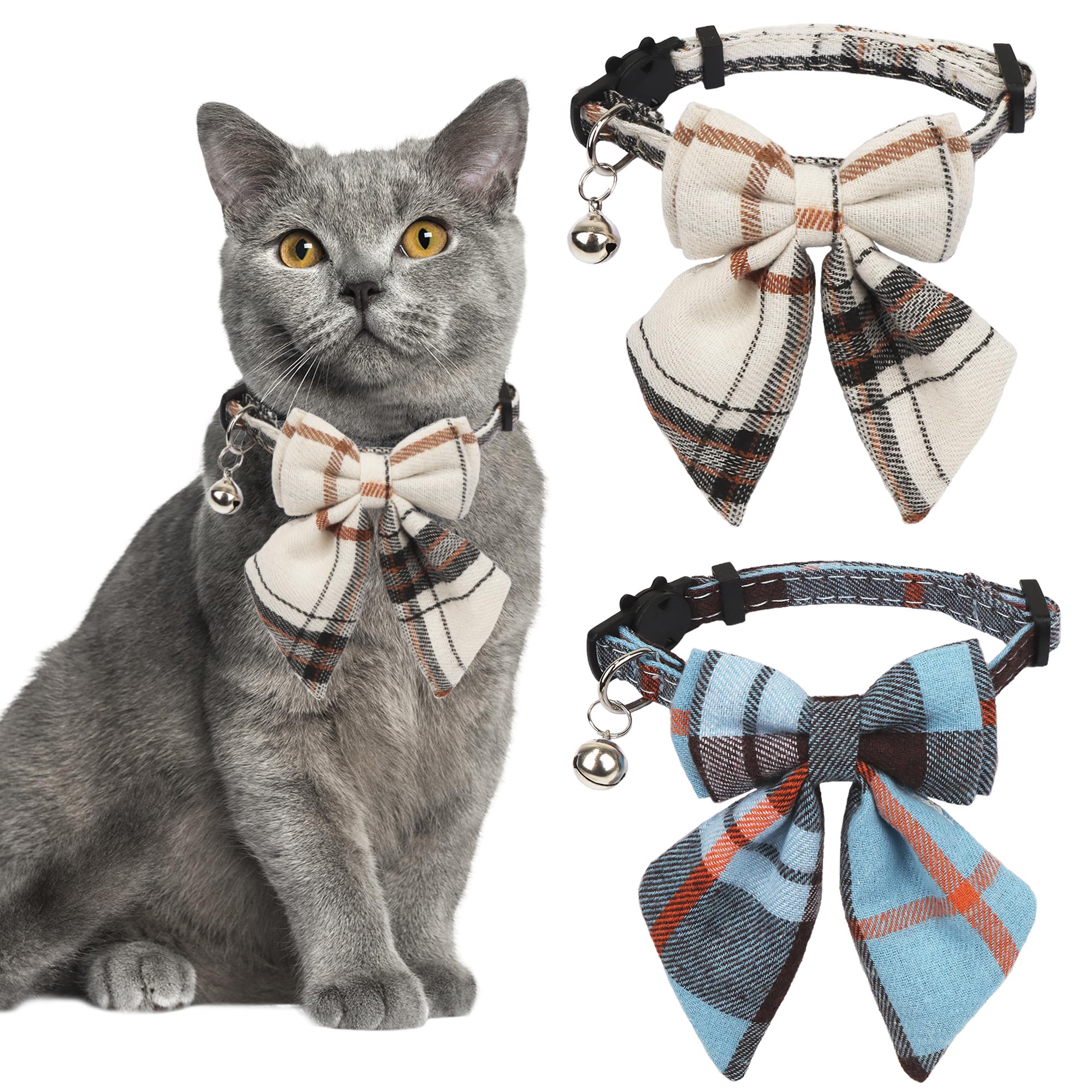 Adoggygo Plaid Cat Collars With Removable Bow Tie Bell, 2 Pack Beige Blue Plaid Kitten Bow Collar For Cats Kittens