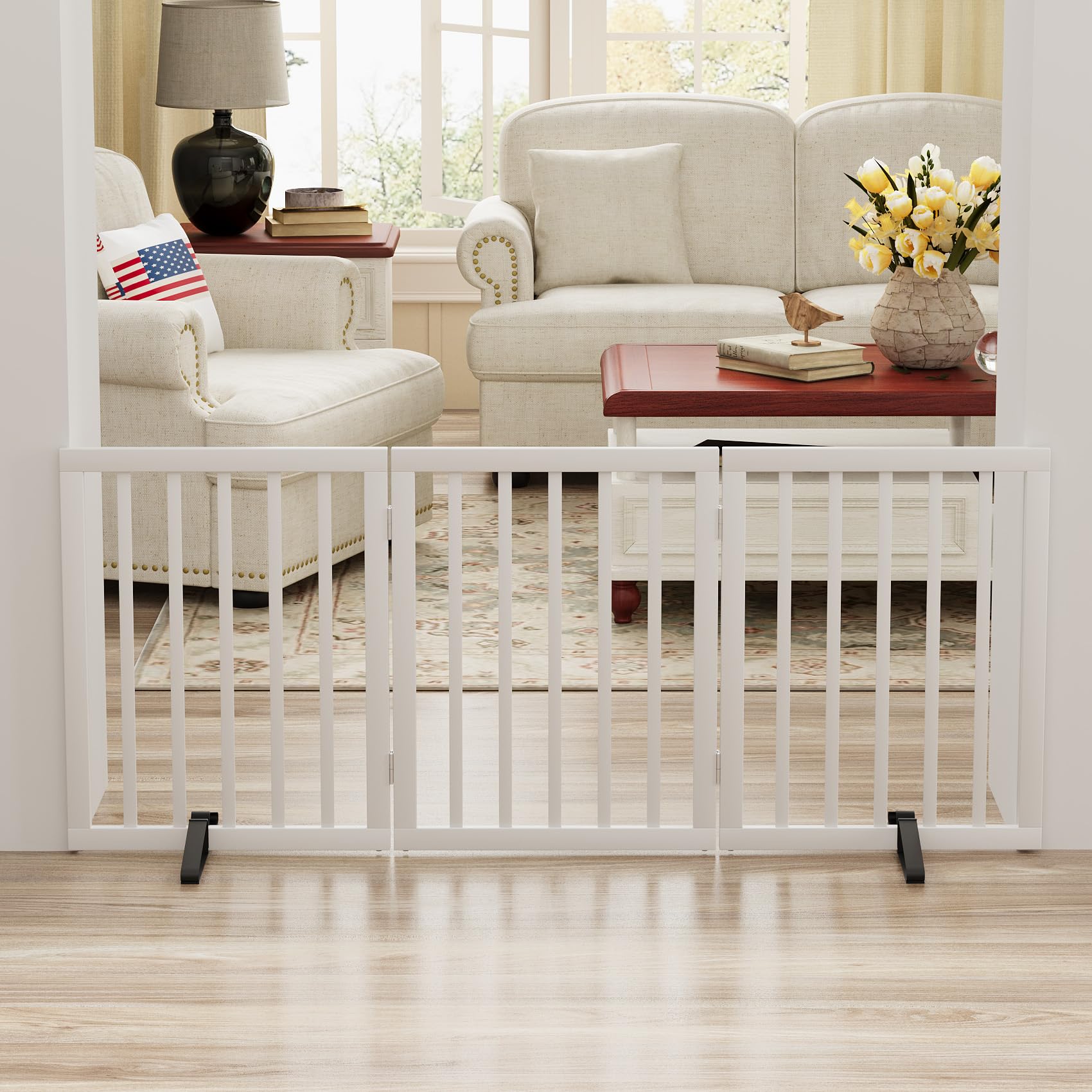 Mino Kesper White 18-55 Wide Pet Gate, Bamboo Dog Gate for Stair, Foldable Dog Gates for Doorways House, Freestanding Pet Gates