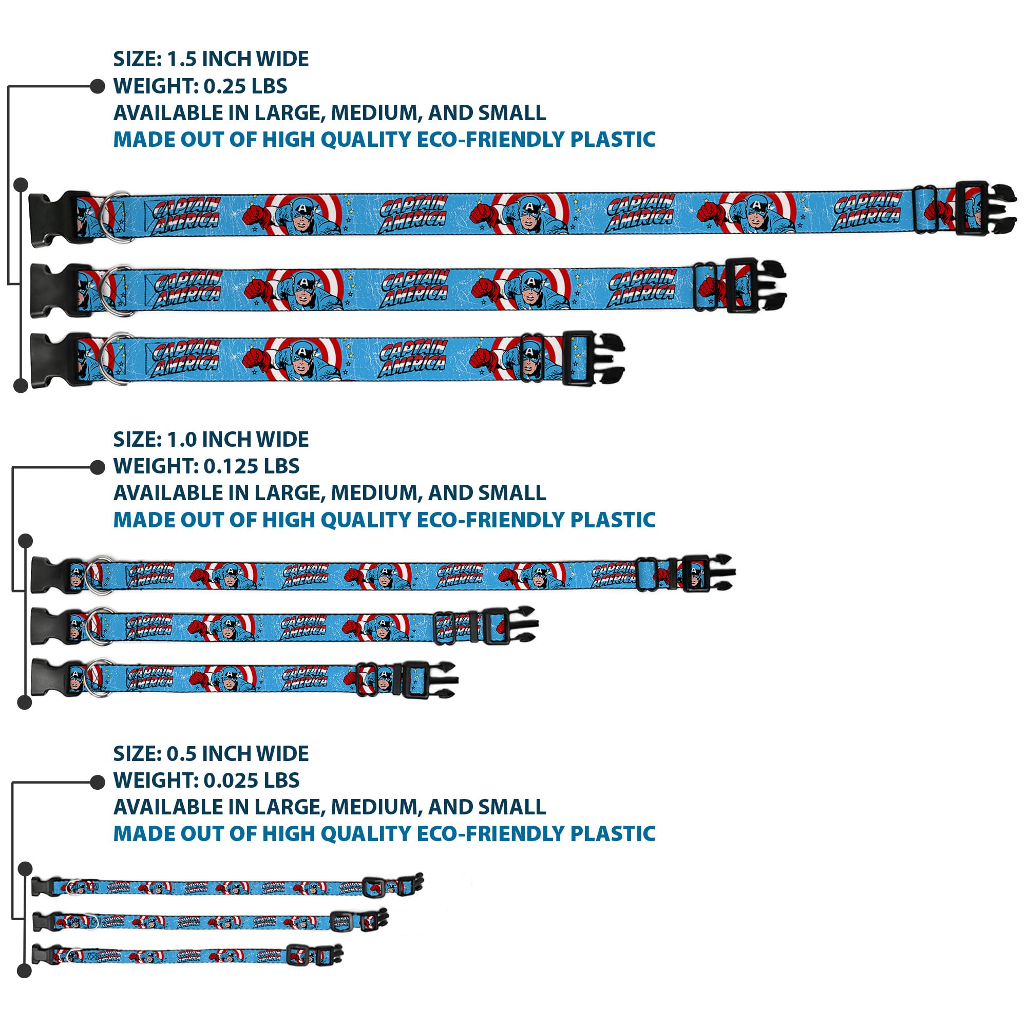 Dog Collar Plastic Clip Captain America Action Pose Weathered Blue 15 To 26 Inches 1.0 Inch Wide