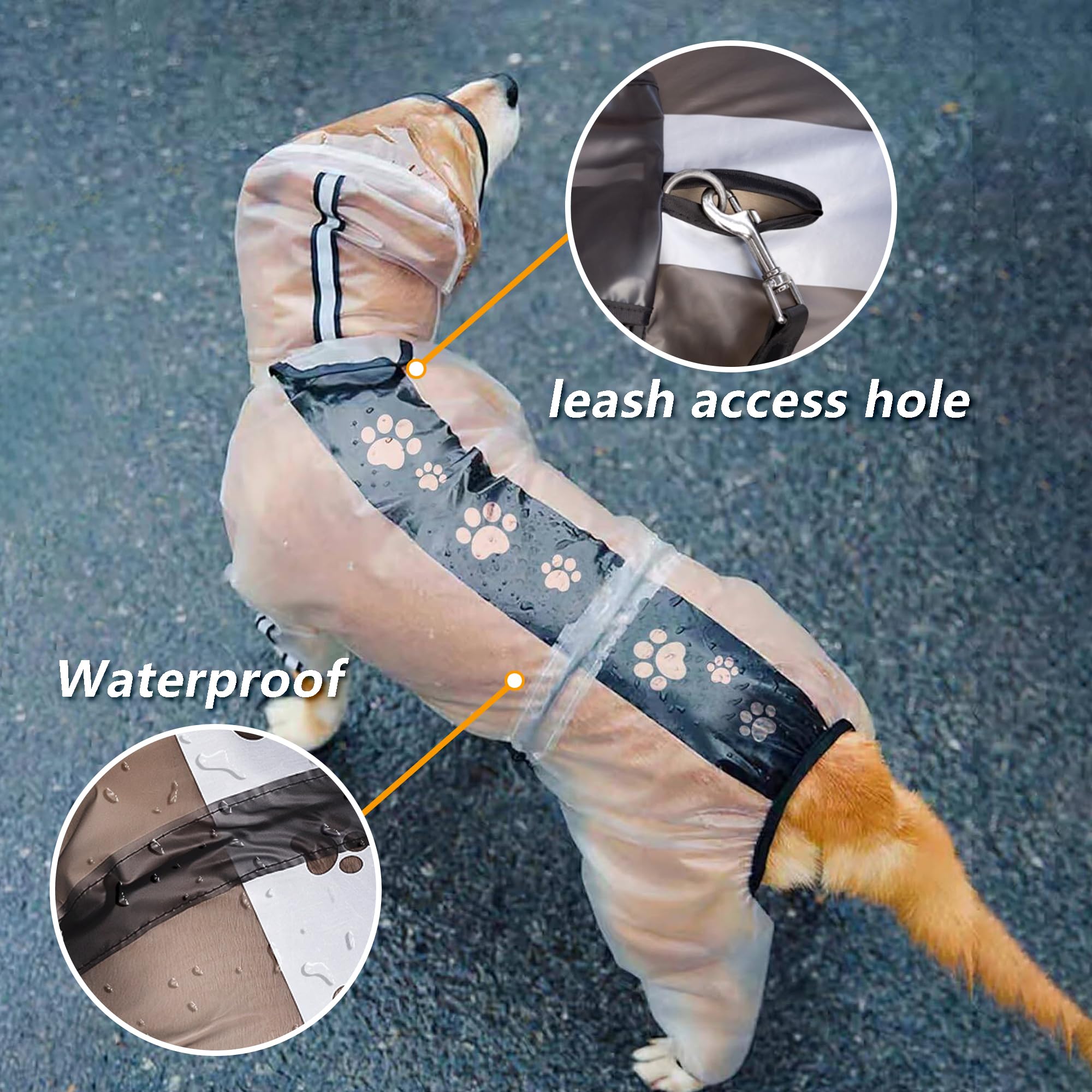 Olsa Dog Raincoat, Dog Hooded Slicker Poncho, 4 Legs Rain Jacket With Reflective Stripe, Transparent Water Proof Resistant Rain