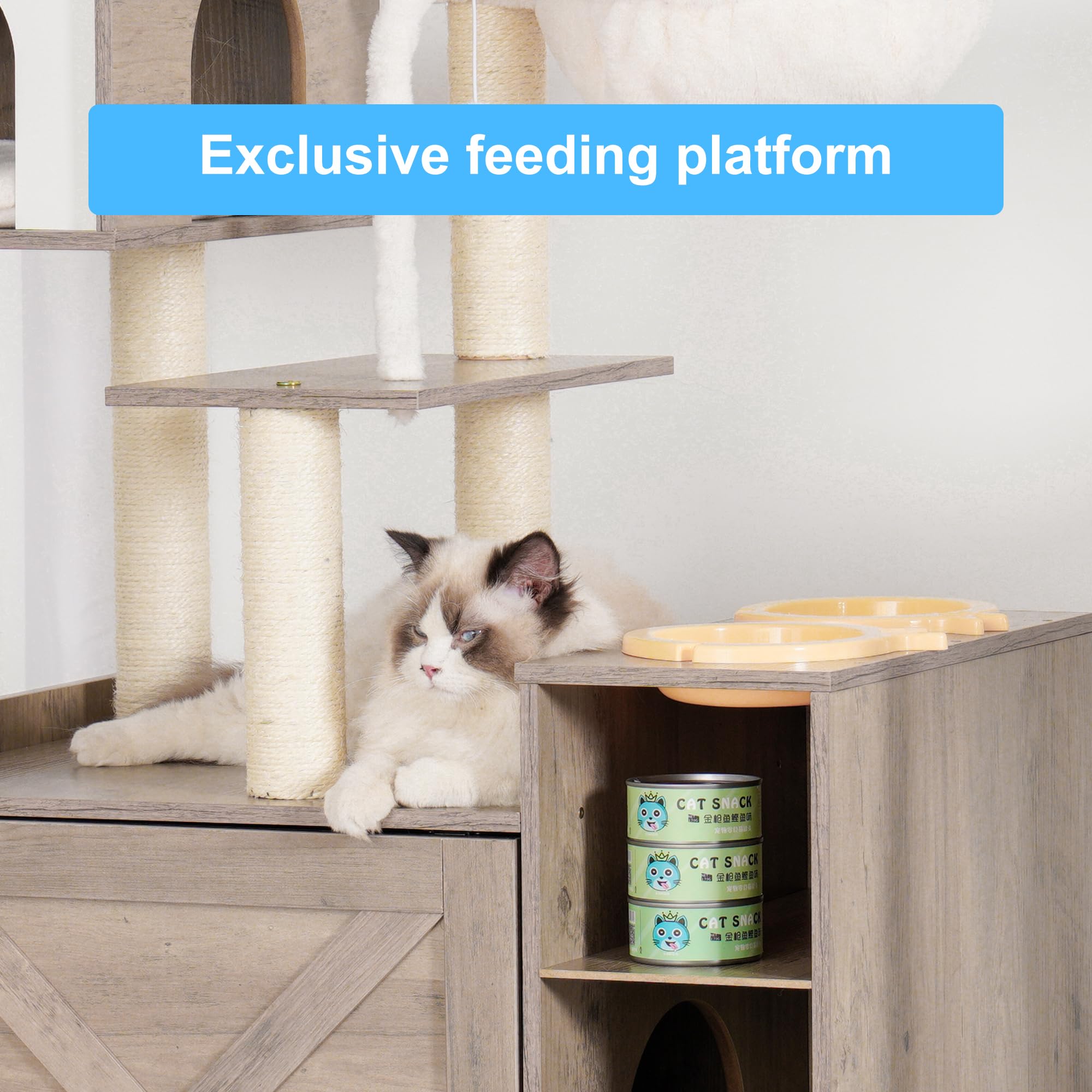 Hey-brother Cat Tree with Litter Box Enclosure, Modern Cat Tower for Indoor Cats with Large Platform, Condo Food Station and 2 H