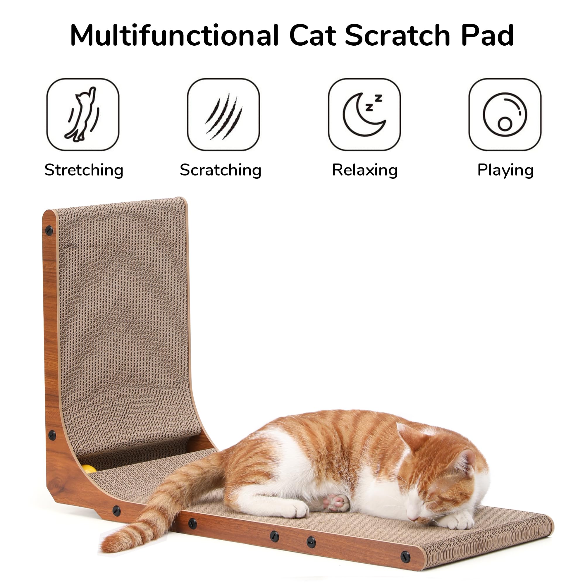 FUKUMARU Cat Scratcher, 26.8 Inch Cat Scratch Pad for Indoor Cats, L Shaped Cardboard Vertical Cats Scratching Board with Ball T