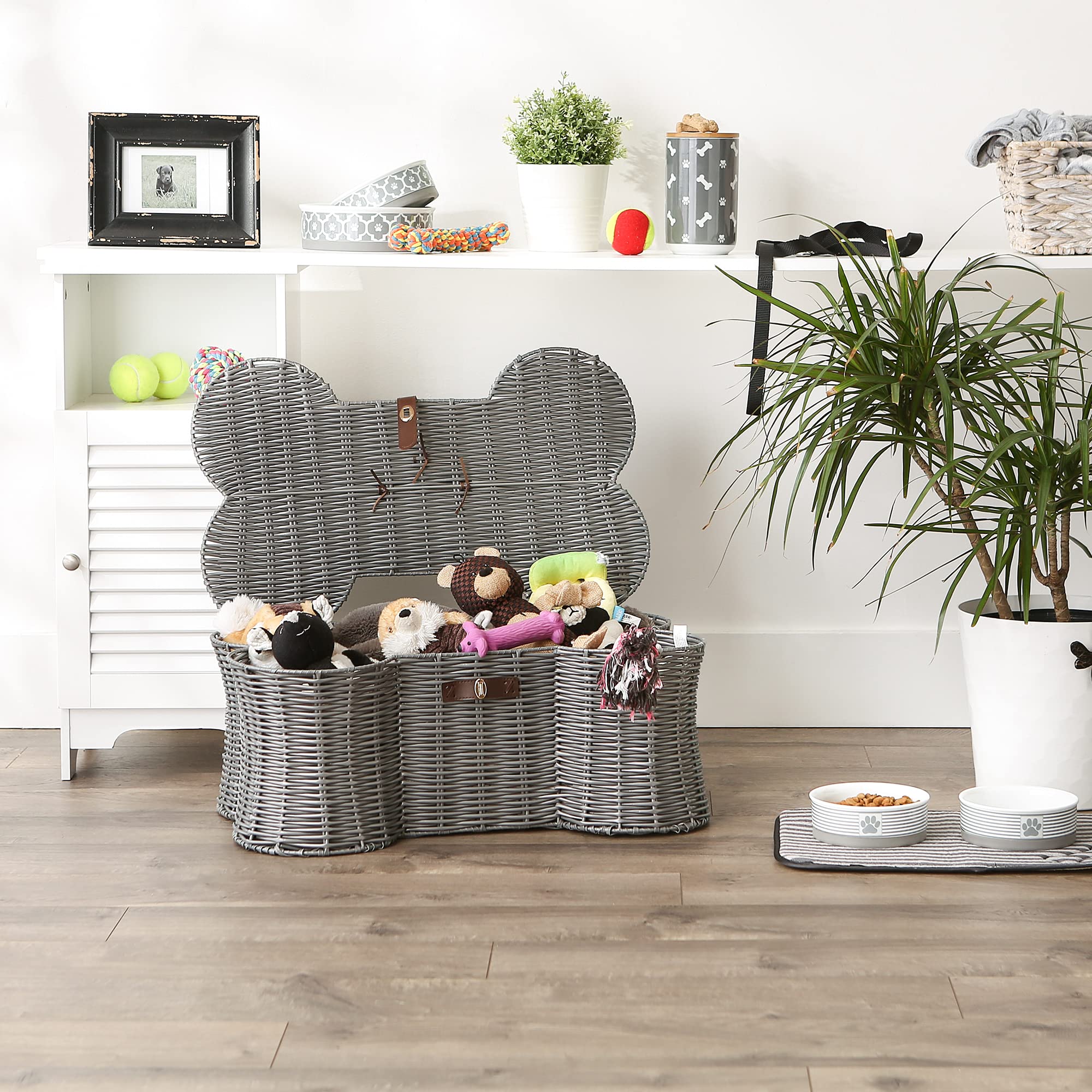 Bone Dry Pet Storage Collection Toy Basket, Large, 24x15x9, Gray Plastic Wicker