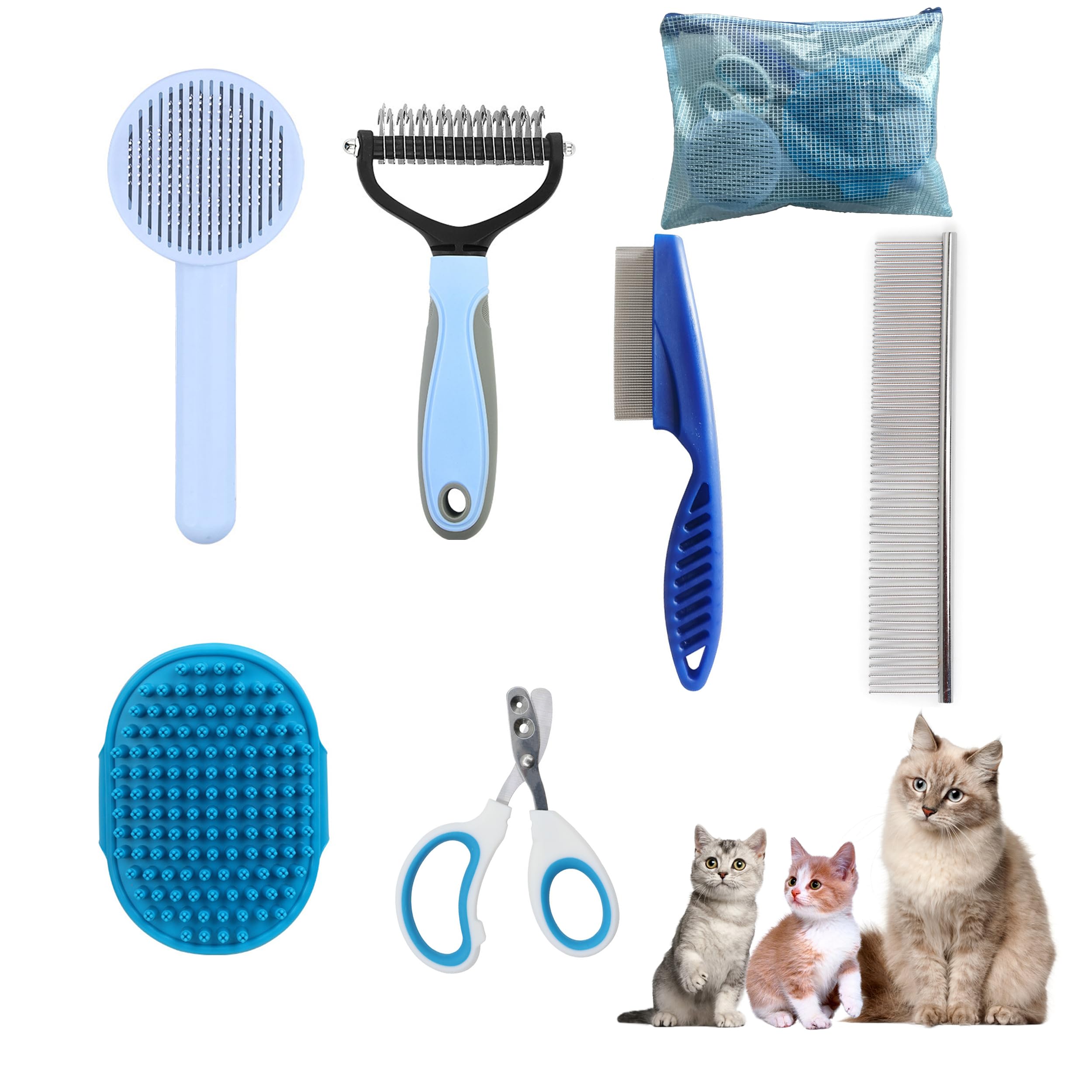 Posapet Cat Grooming Brush Kit 6 Tools - Deshedding & Dematting For Long/Short Hair, Self-Cleaning Slicker Brush With 6-In-1 Fle