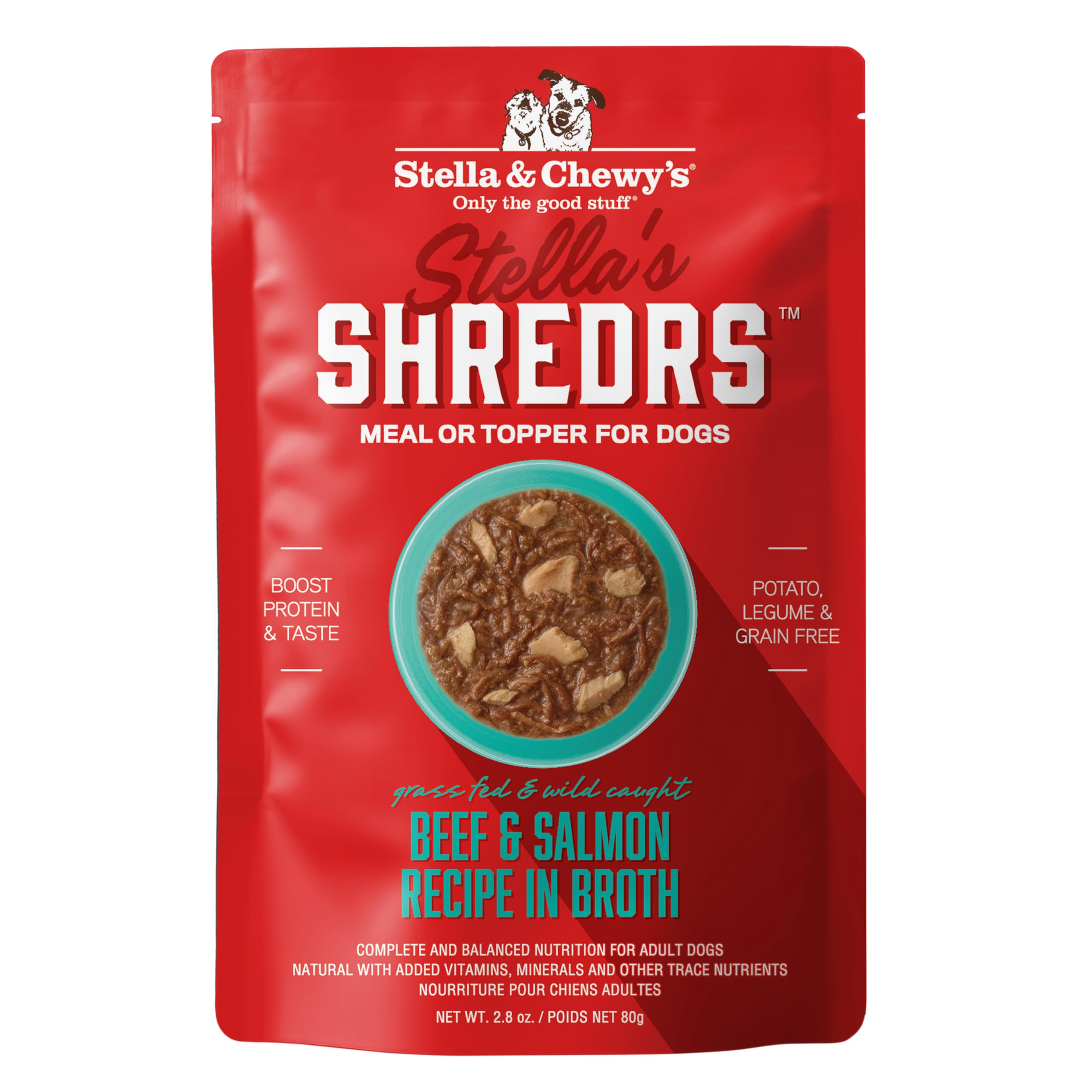 Stella & Chewys Stellas Shredrs Grass Fed Beef & Wild Caught Salmon Recipe in Broth, 2.8 oz Pouches (Pack of 24)