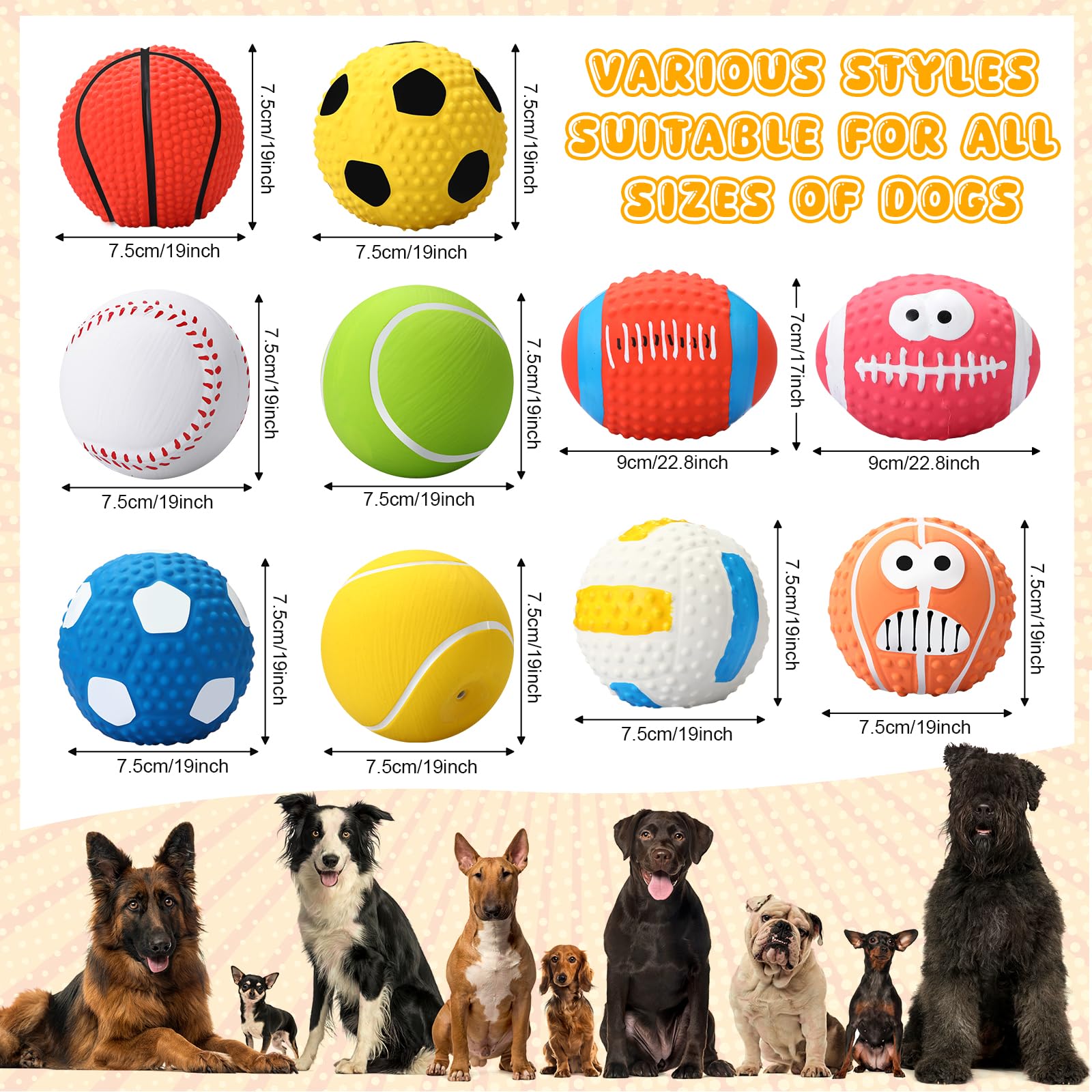 Gemscream 10 Pack 2. 4' Squeak Latex Puppy Dog Toy Ball Sports Balls Sets Interactive Rubber Squeak Dog Toys Rubber Soccer Voll