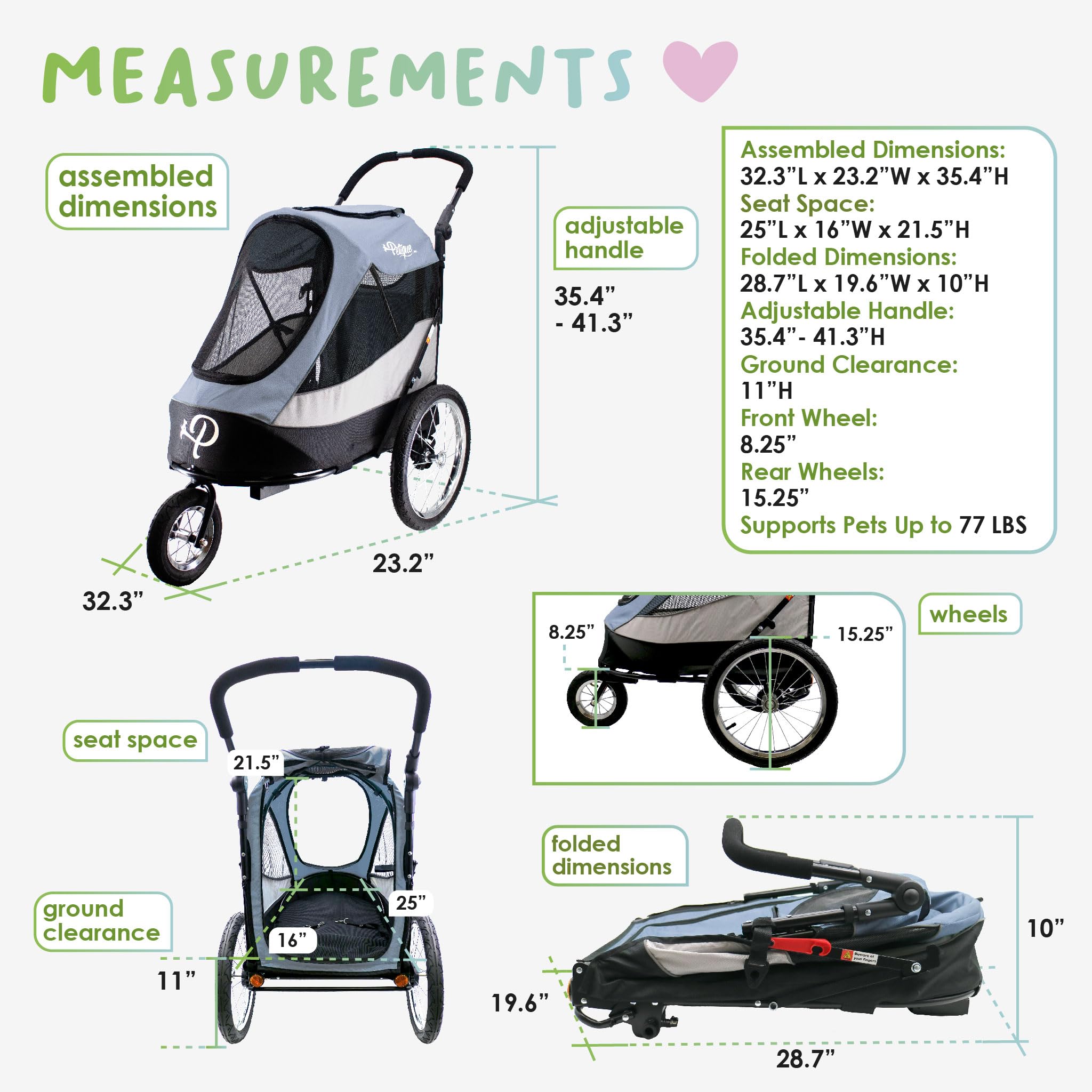 Petique Trailblazer Jogger, Dog Cart for Medium Size Pets, Ventilated Pet Stroller for Cats & Dogs, Gray