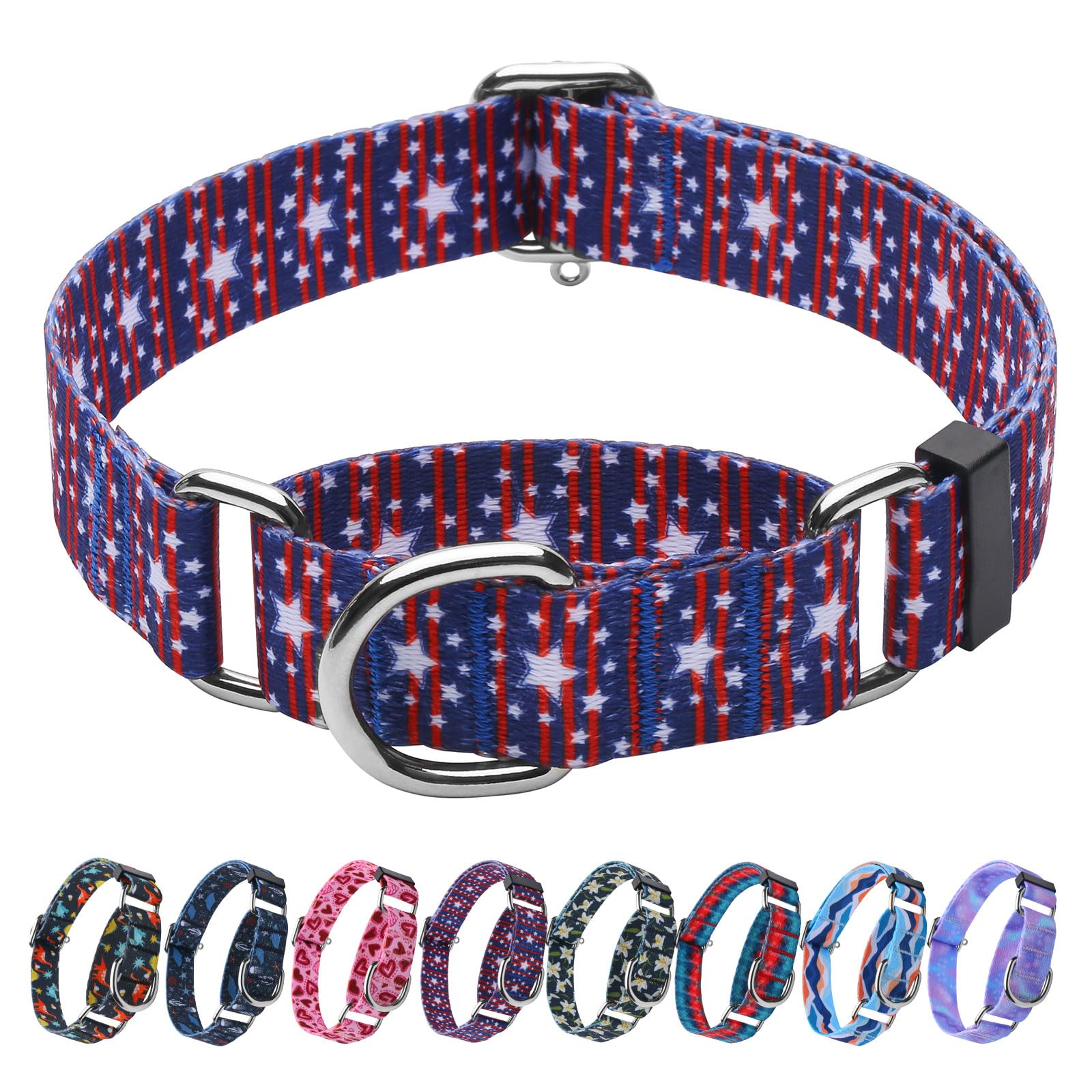Hikiko American Flag Martingale Collar With No Buckle Soft Nylon Dog Collar For Medium Dogs,Blue Star Stripe,M