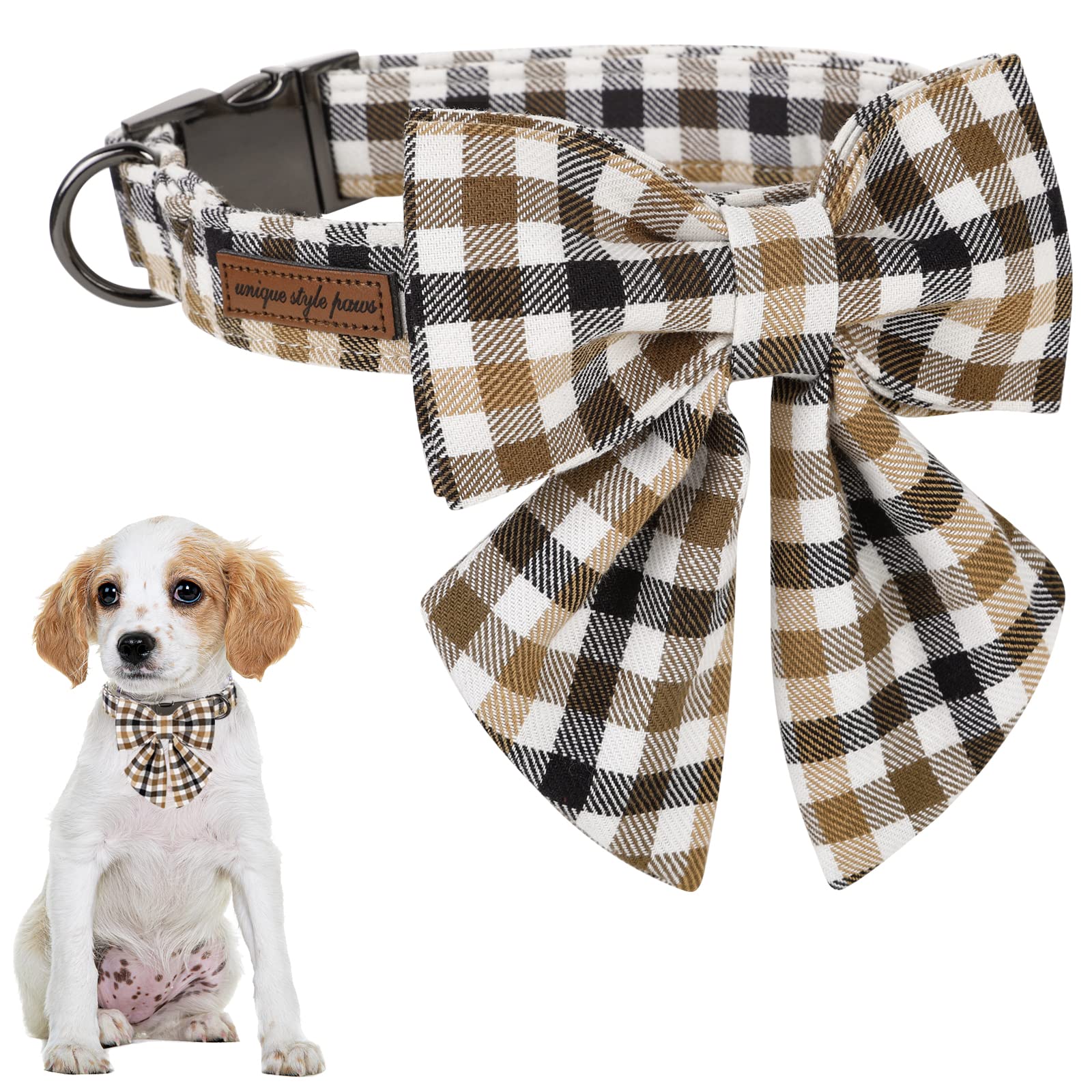 Unique Style Paws Christmas Dog Collar With Bow Tie Brown Plaid Puppy Collar For Small Medium Large Dogs As Autumn Winter Pet Gifts-Xs