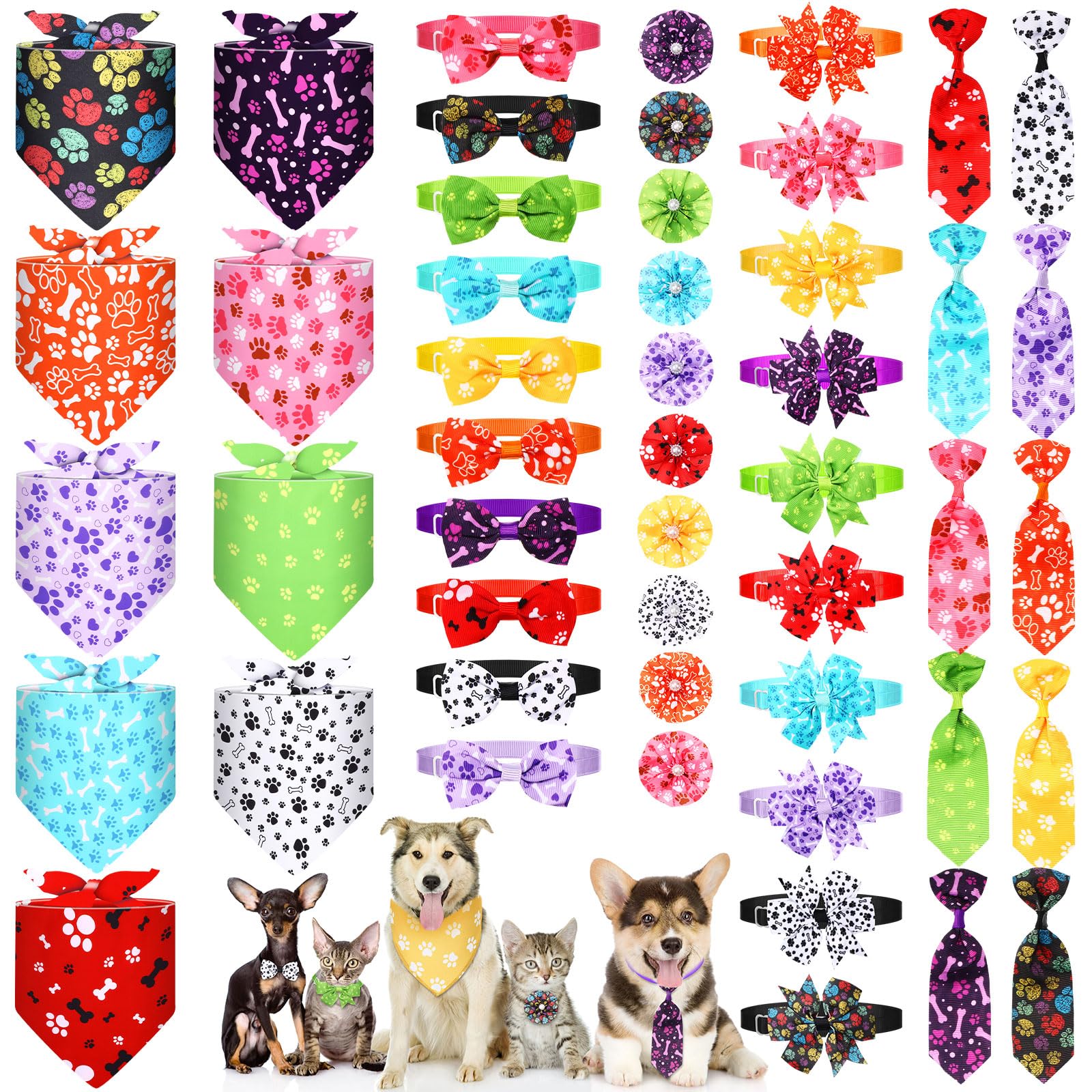 Hosuly 50 Pcs Funny Dog Bandana Collar Set Include 10 Bow Tie 10 Necktie Collar 10 Pet Scarf 10 Bow Flowers 10 Hexagonal Bowtie 