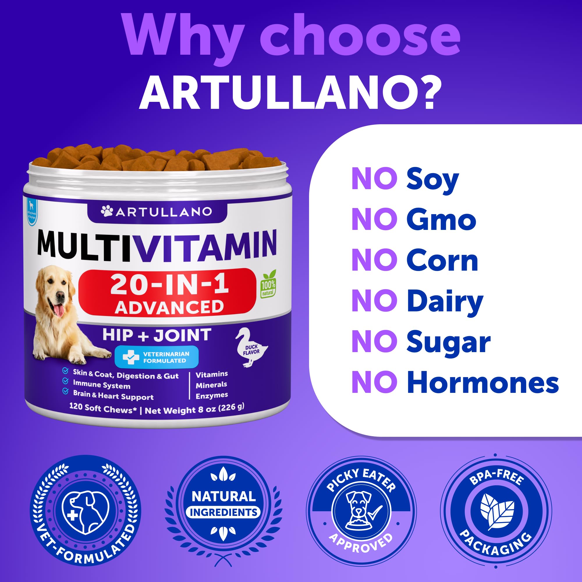 Artullano Dog Multivitamin Chews 26 in 1 for Senior & Puppy - Joint Support, Immunity, Mobility - 120 Chews, Multivitamin