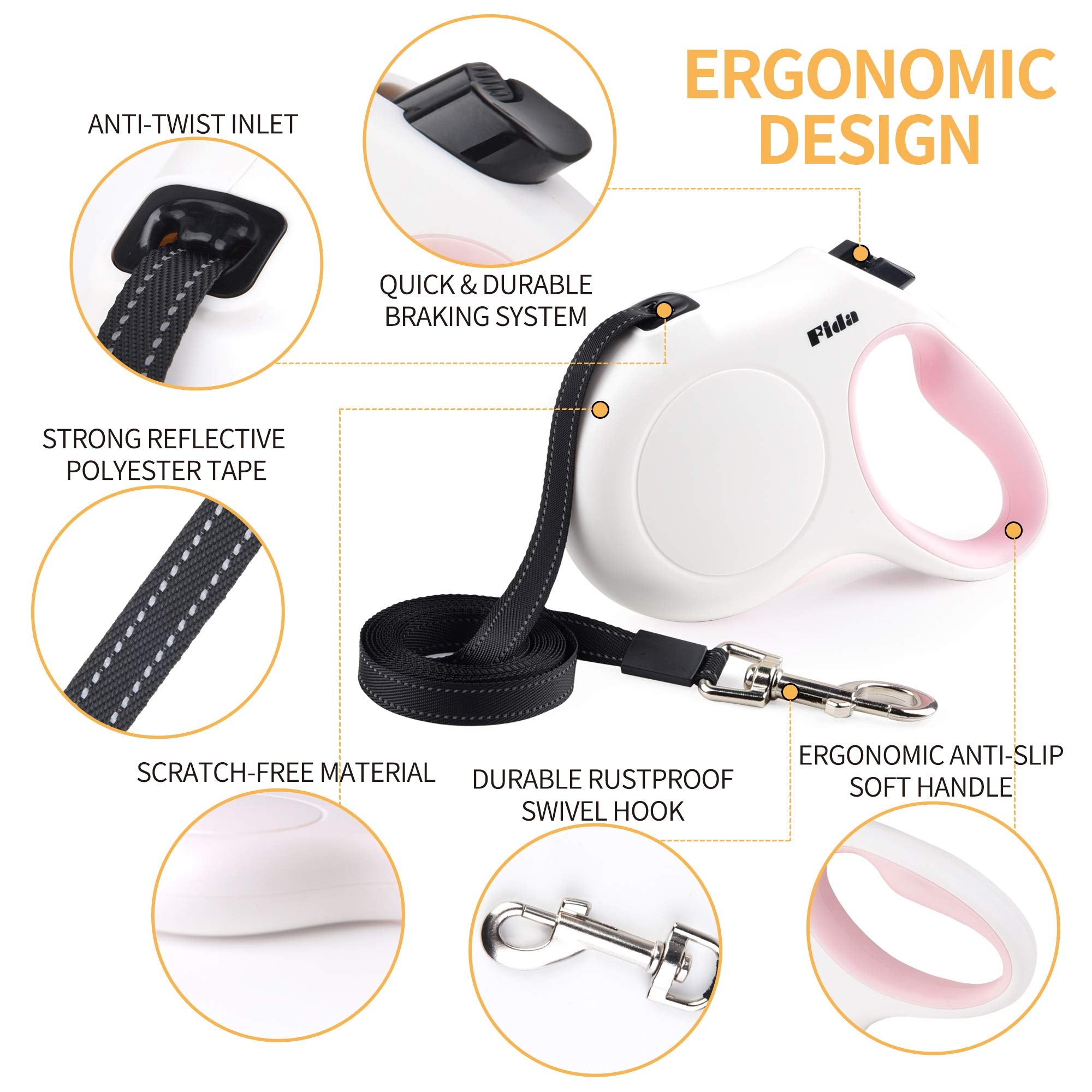 Fida Retractable Dog Leash, 16 Ft Dog Walking Leash For Small Dogs Up To 26Lbs, Tangle Free, White