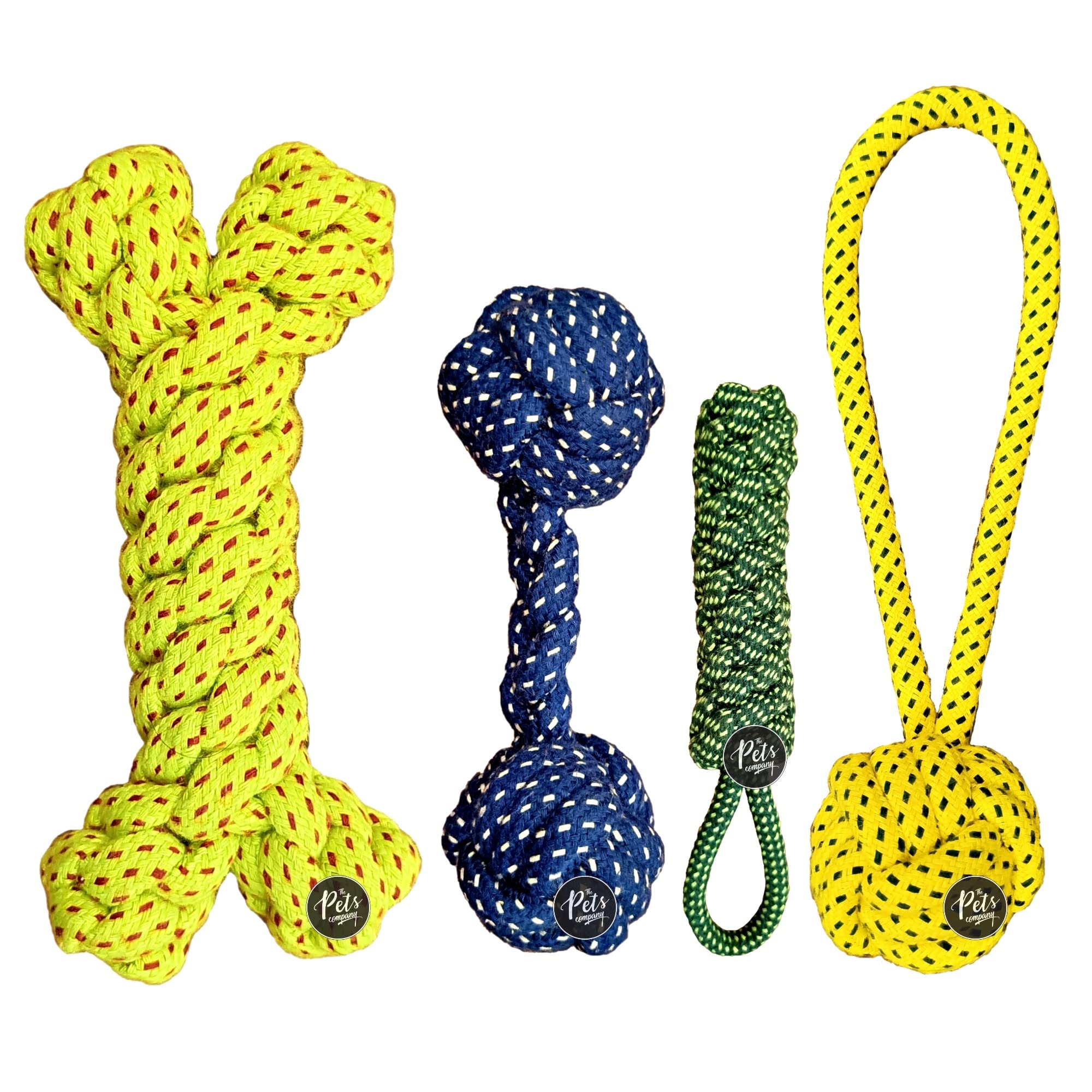 The Pets Company Dog Chew Toys For Puppy Teething & Training (Dummy + Rope Bone + Tug Ball + Dumbell), Dog Rope Toy Combo Of 4 F