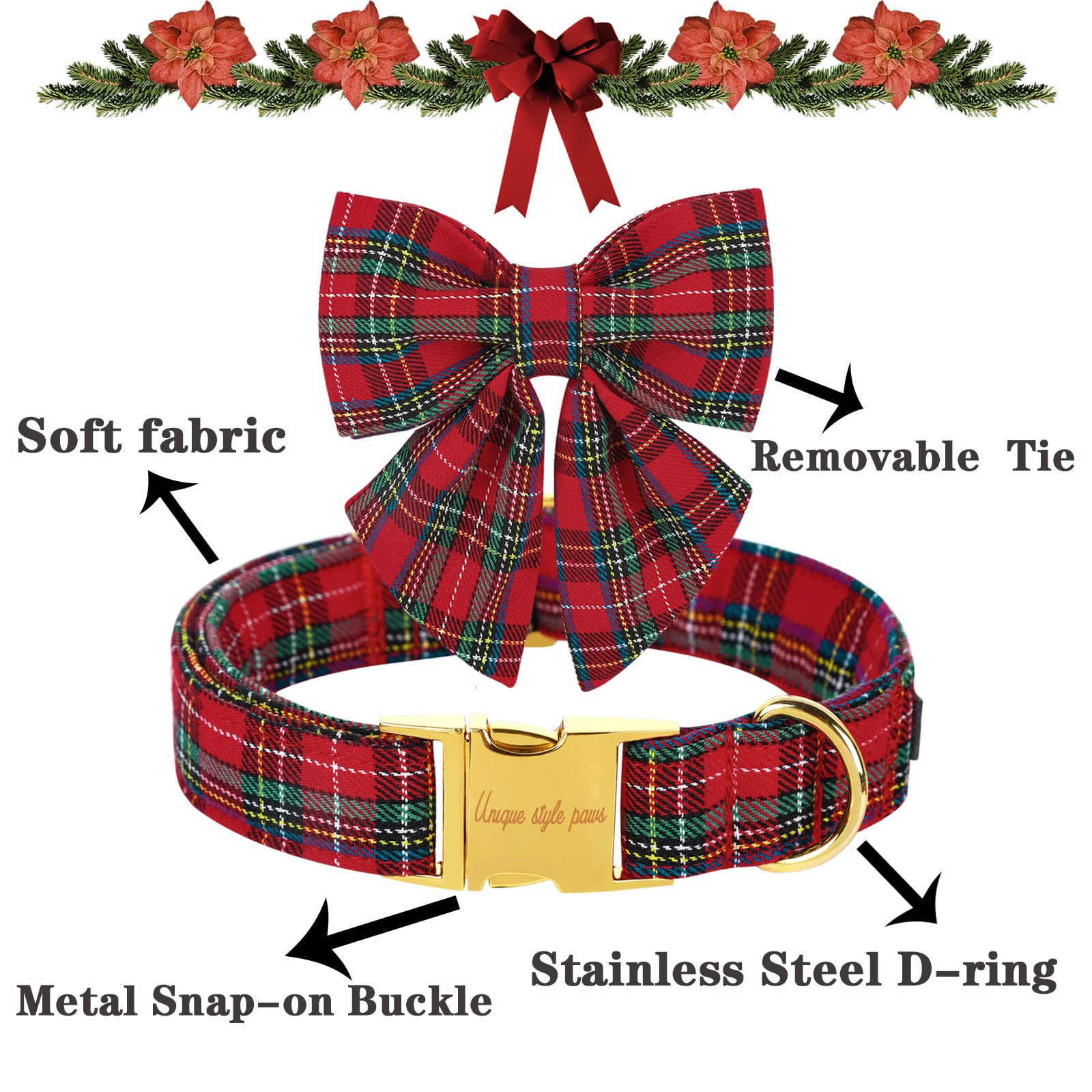 Unique Style Paws Christmas Dog Collar With Bow Tie Scottish Plaid Puppy Collar For Small Medium Large Dogs As Holiday Autumn Winter Gifts-S