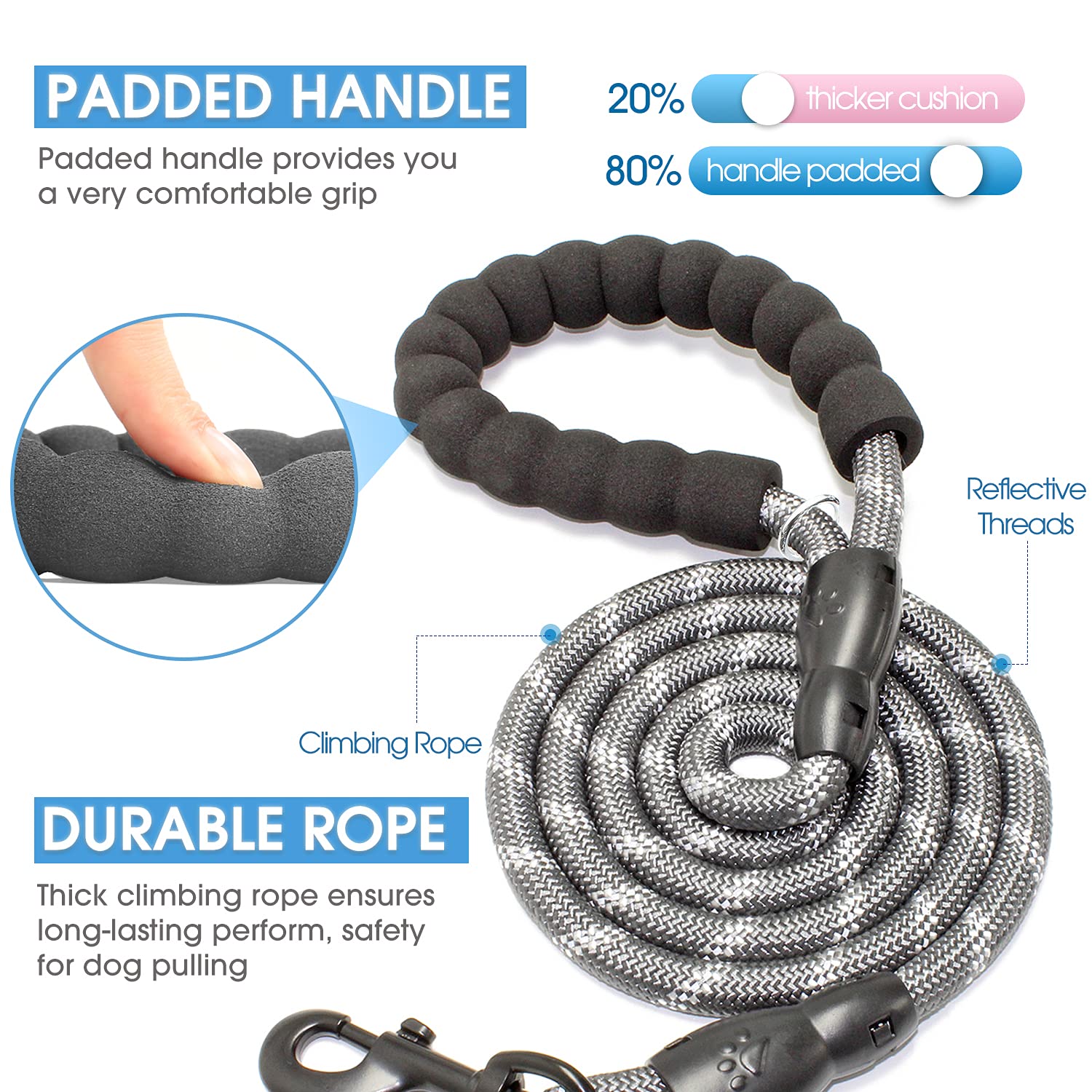 Baapet 2/4/5/6 Ft Dog Leash With Comfortable Padded Handle And Highly Reflective Threads For Small Medium And Large Dogs (4Ft-1/2'', Grey)