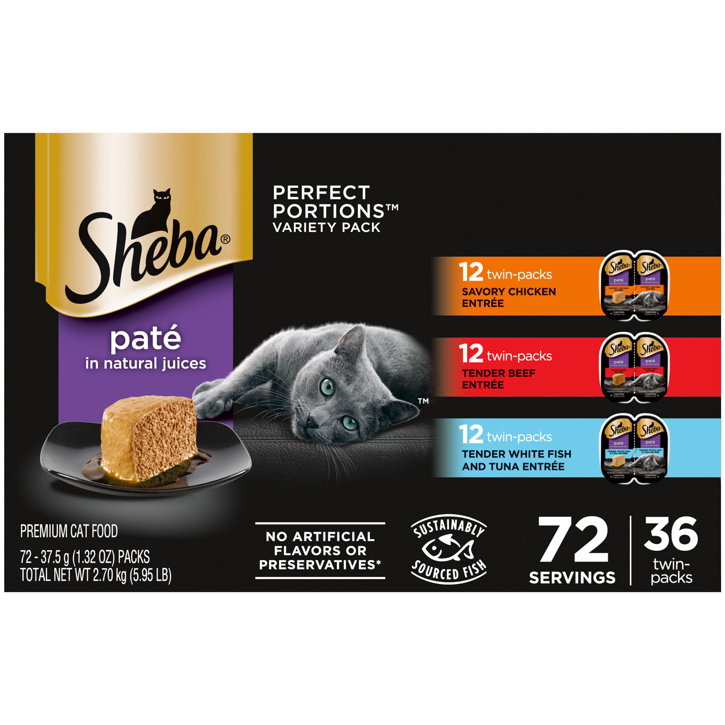 Sheba Perfect Portions Wet Cat Food Pate Savory Chicken Entree, Tender Beef Entree, and Tender White Fish and Tuna Entree, 2.6 o