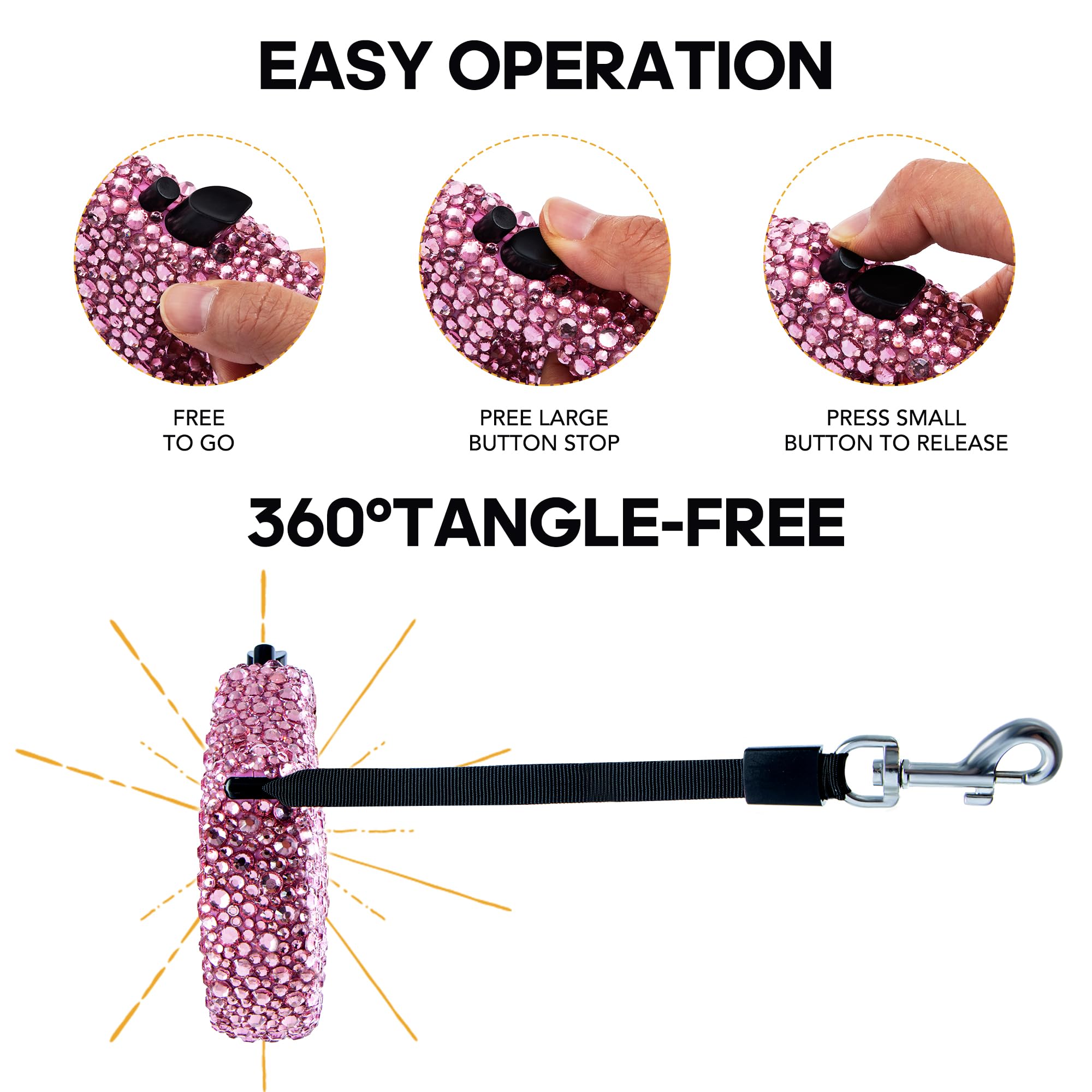 Sparkle Retractable Dog Leash,Pink Rhinestone Pet Walking Leash For Small Medium Dog Cat,Bling Small Puppy Leash,Durable 16 Ft S