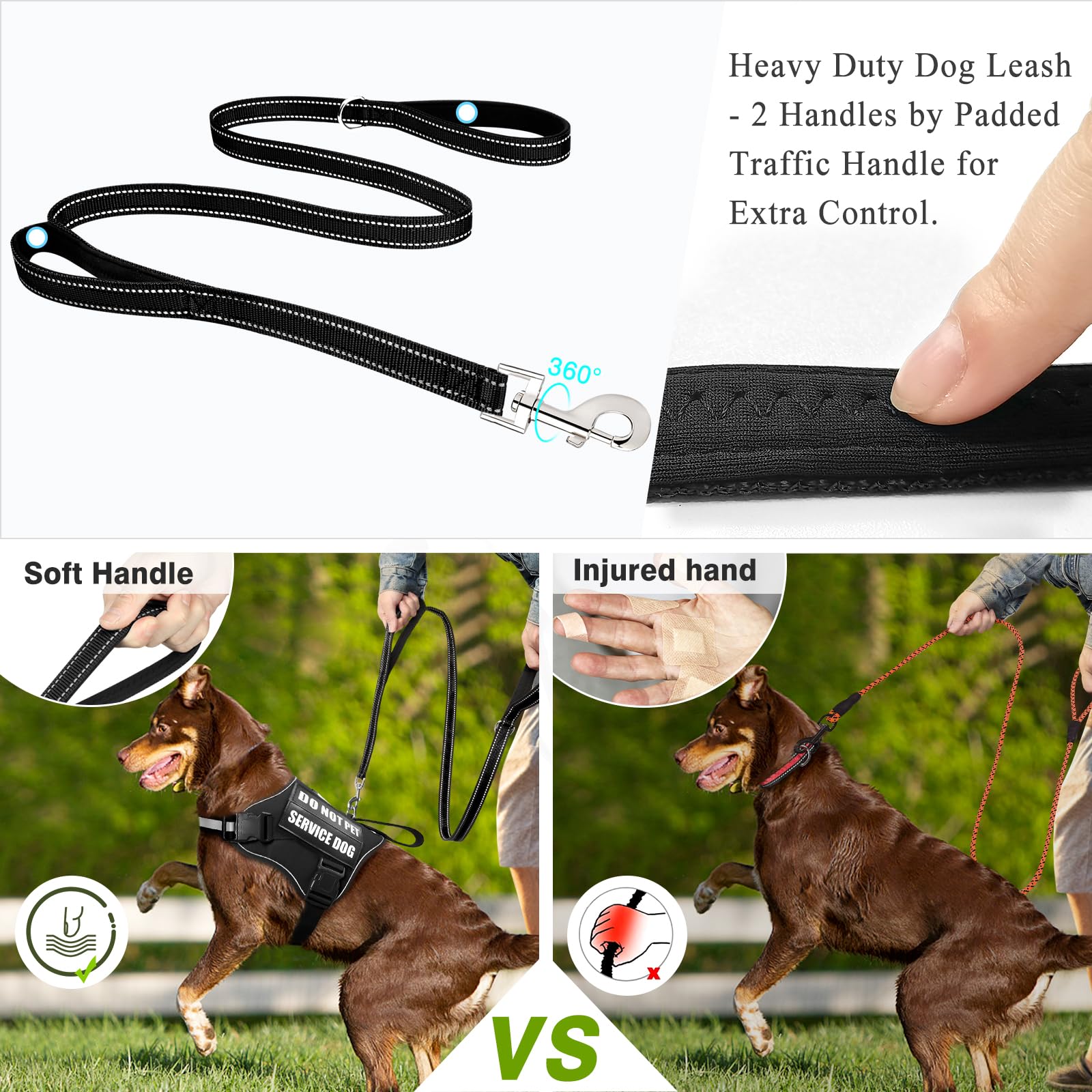 Winsee Dog Harness & Leash Set, Medium, Black - Reflective, Adjustable, W/ 10 Patches For Service, Therapy Dogs, Extra Durable