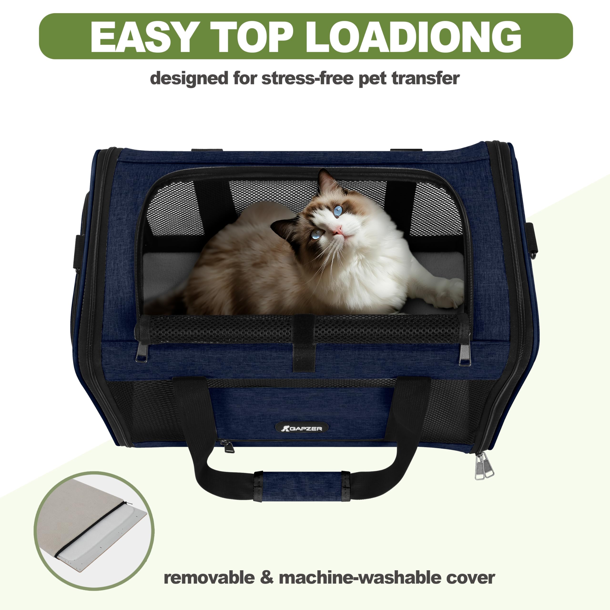 GAPZER Cat Carrier 18x11x11 United Airline Approved, Top Loader Heavy Duty Softshell Pet Flying Bag 18lbs, Small Dog Chihuahua C