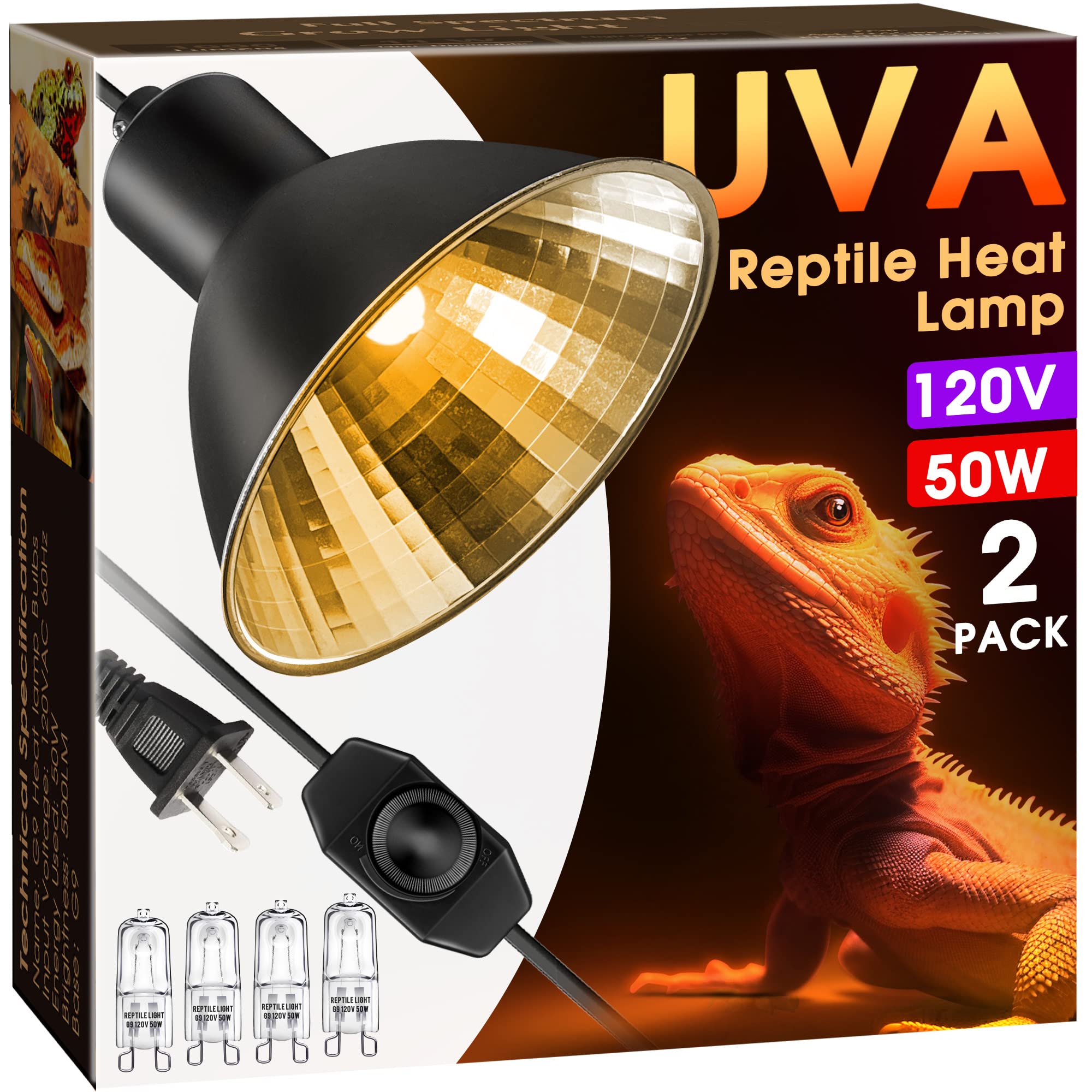 Reptile Heat Lamp, Briignite UVA Basking Light for Reptiles 50W, G9 Halogen Heat Bulb & Dome Reptile Light Fixture, Aluminum Ref