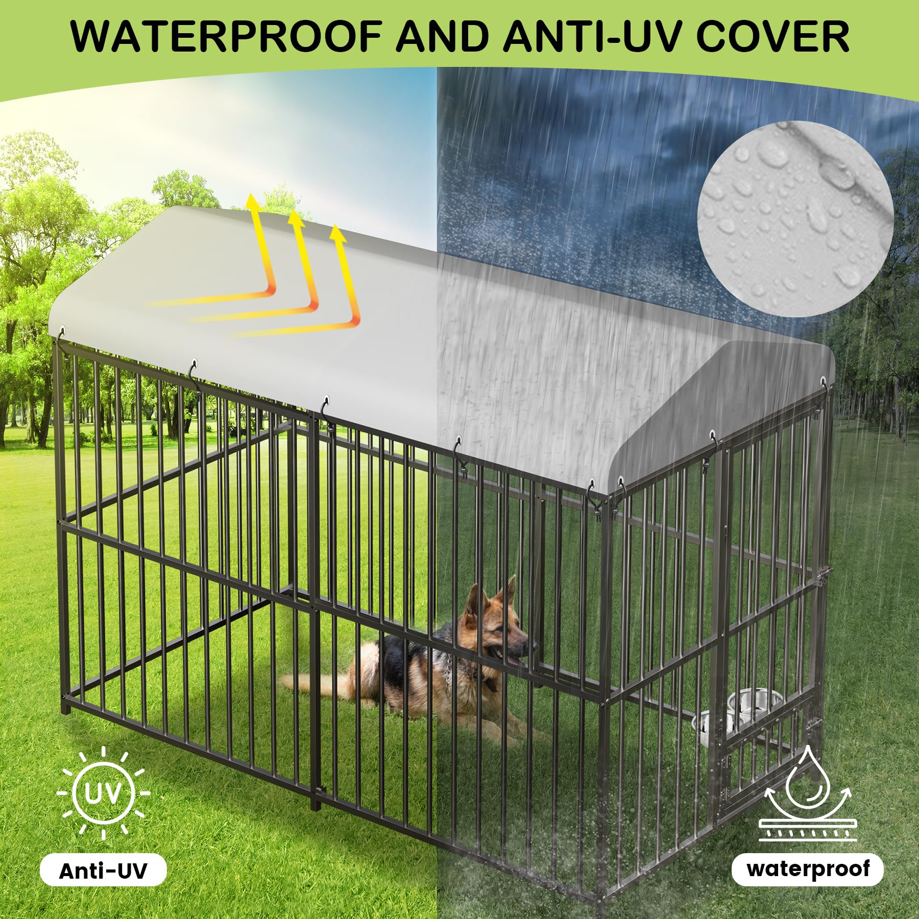 Large Outdoor Dog Kennel with Waterproof Cover, Large Dog House with Feeding Doors, Heavy Duty Dog Enclosures for Garden Backyar