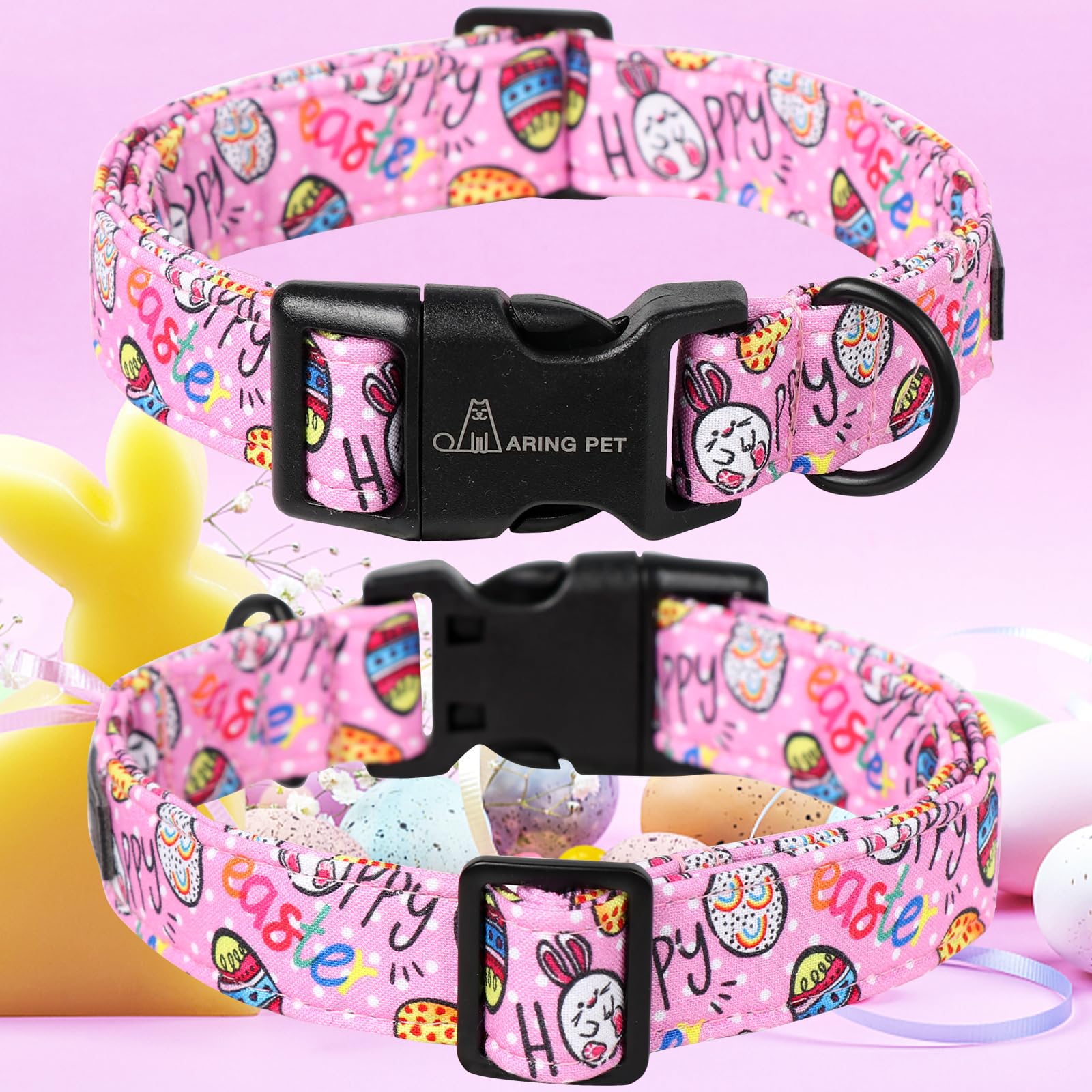 Aring Pet Cute Easter Eggs Dog Collar, Adjustable Cotton Pink Puppy Collar With Quick Release Buckle