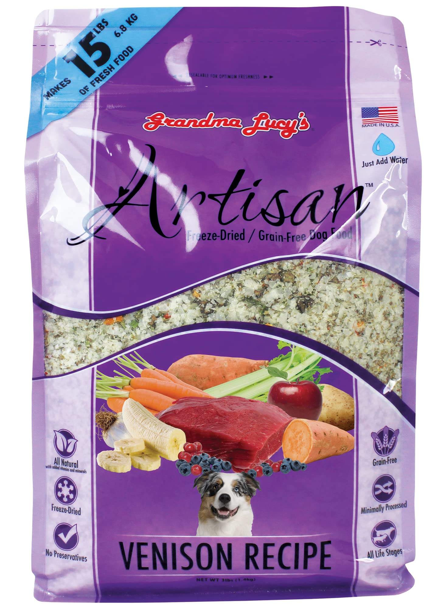 Grandma Lucys Artisan Dog Food, Grain Free and Freeze-Dried - Artisan Venison, 3Lb Bag