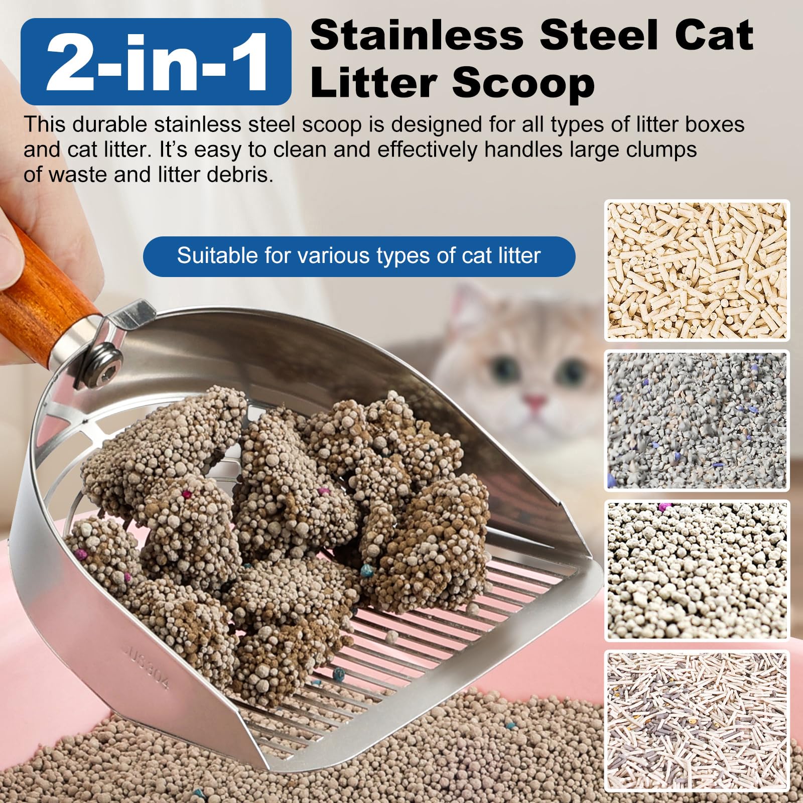 Cat Litter Scoop With Hook, Heavy Duty And Speed Sifter 304 Stainless Steel Sifter With Deep Shovel, Durable Kitty Metal Scooper