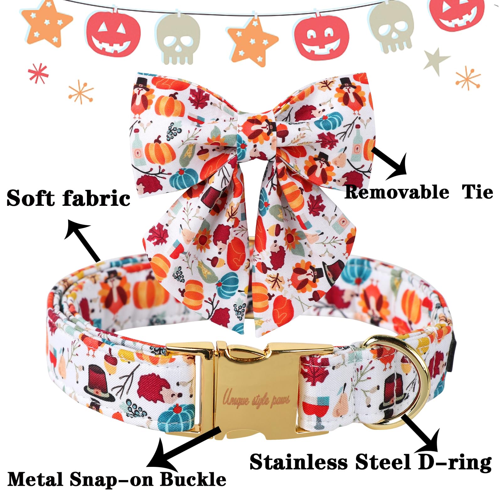 Unique Style Paws Cotton Thanksgiving Dog Collar With Bow Halloween Pumpkin Plaid Dog Collar With Bow Tie For Small Medium Large Dogs Pets Gifts