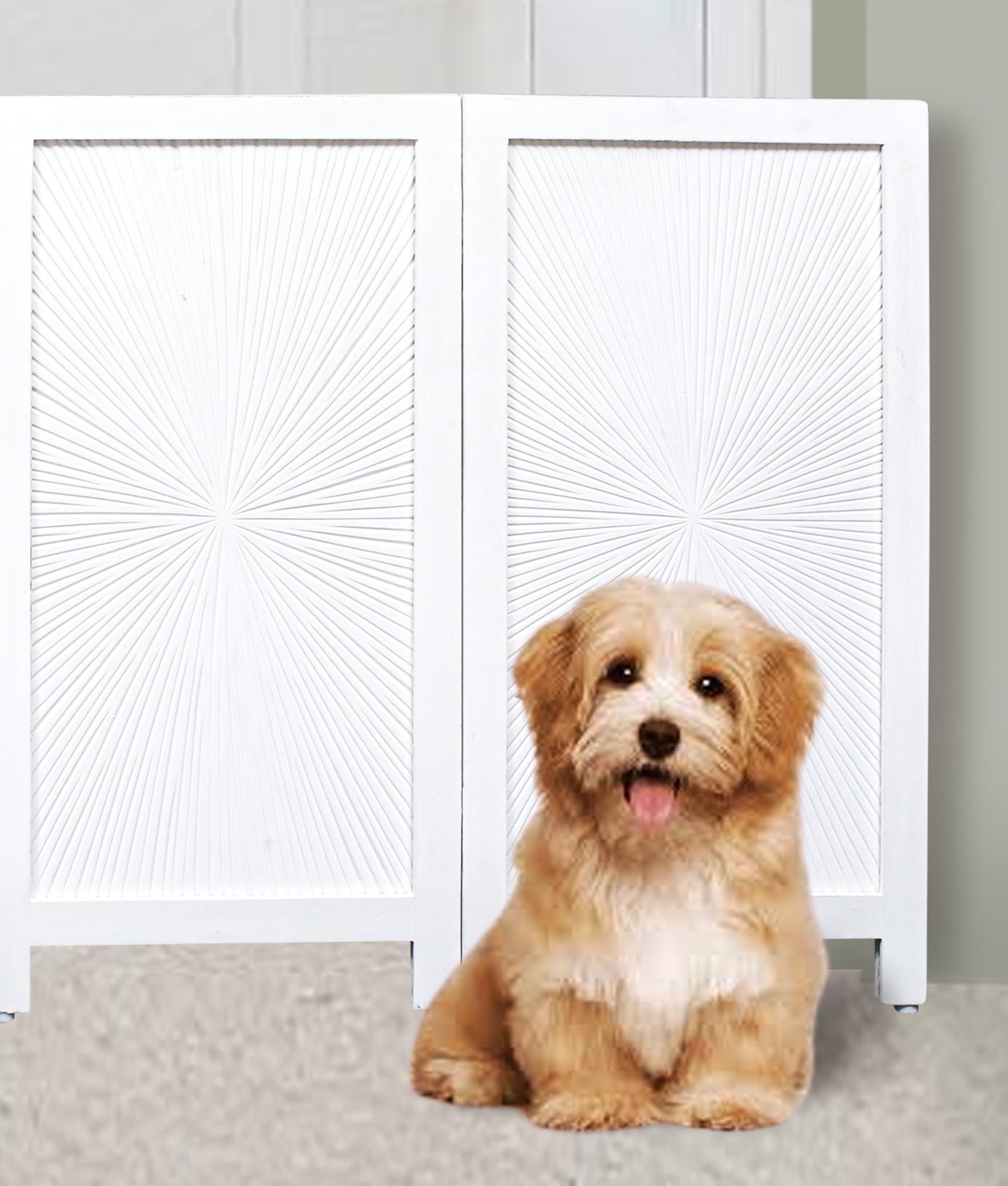 Raise Wooden Foldable Pet Dog Safety Gate - 4 Panels 56 Wx28 H- Hand Carved Solid Wood and MDF - Free Standing Portable Indoor D