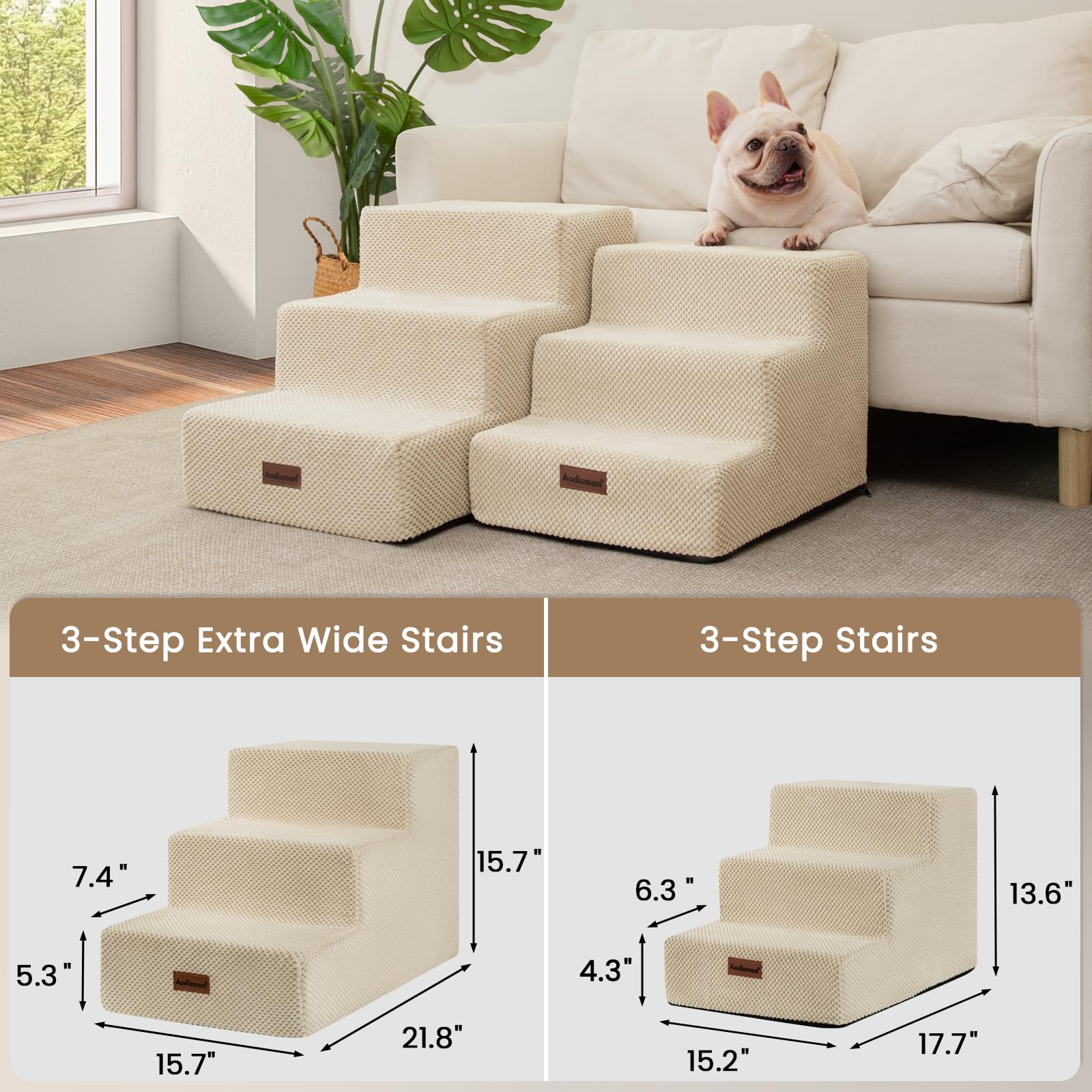 Aodisman Dog Stairs for Small Dogs & Cats, 3-Step Extra Wide Non-Slip Pet Steps for Couch Sofa and Chair, Beige, 15.7 H