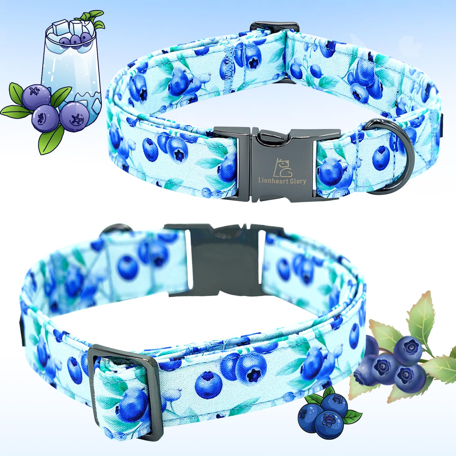 Lionheart Glory Dog Bow Collar Blueberries Print Collars For Small Dogs, Spring Summer Cute Duty Adjustable Dog Collar With Bowt