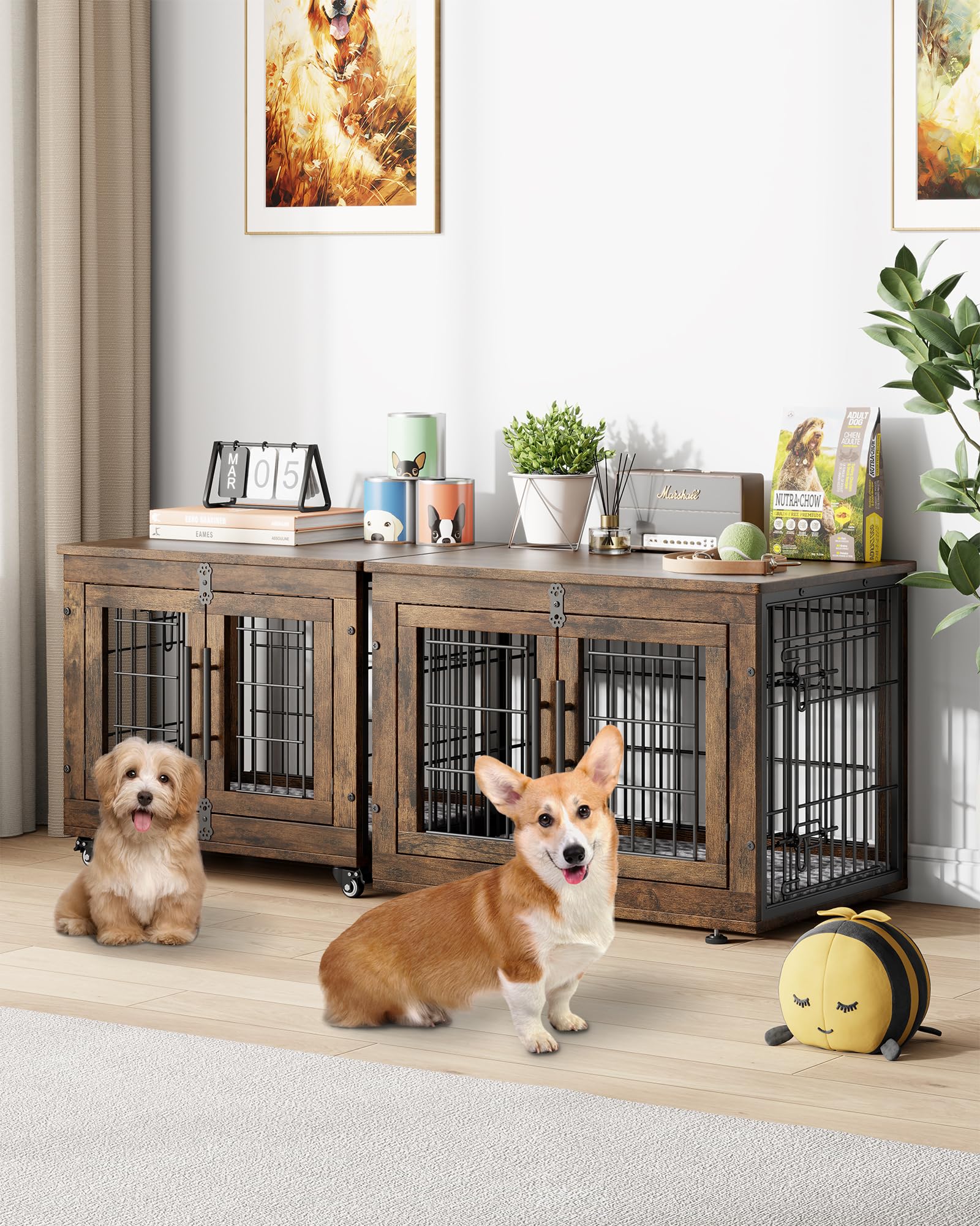 YaFiti Dog Crate Furniture with Cushion, Wooden Indoor Kennel, 27.2" L, Rustic Brown, Set of 2 with Double Doors and Wheels