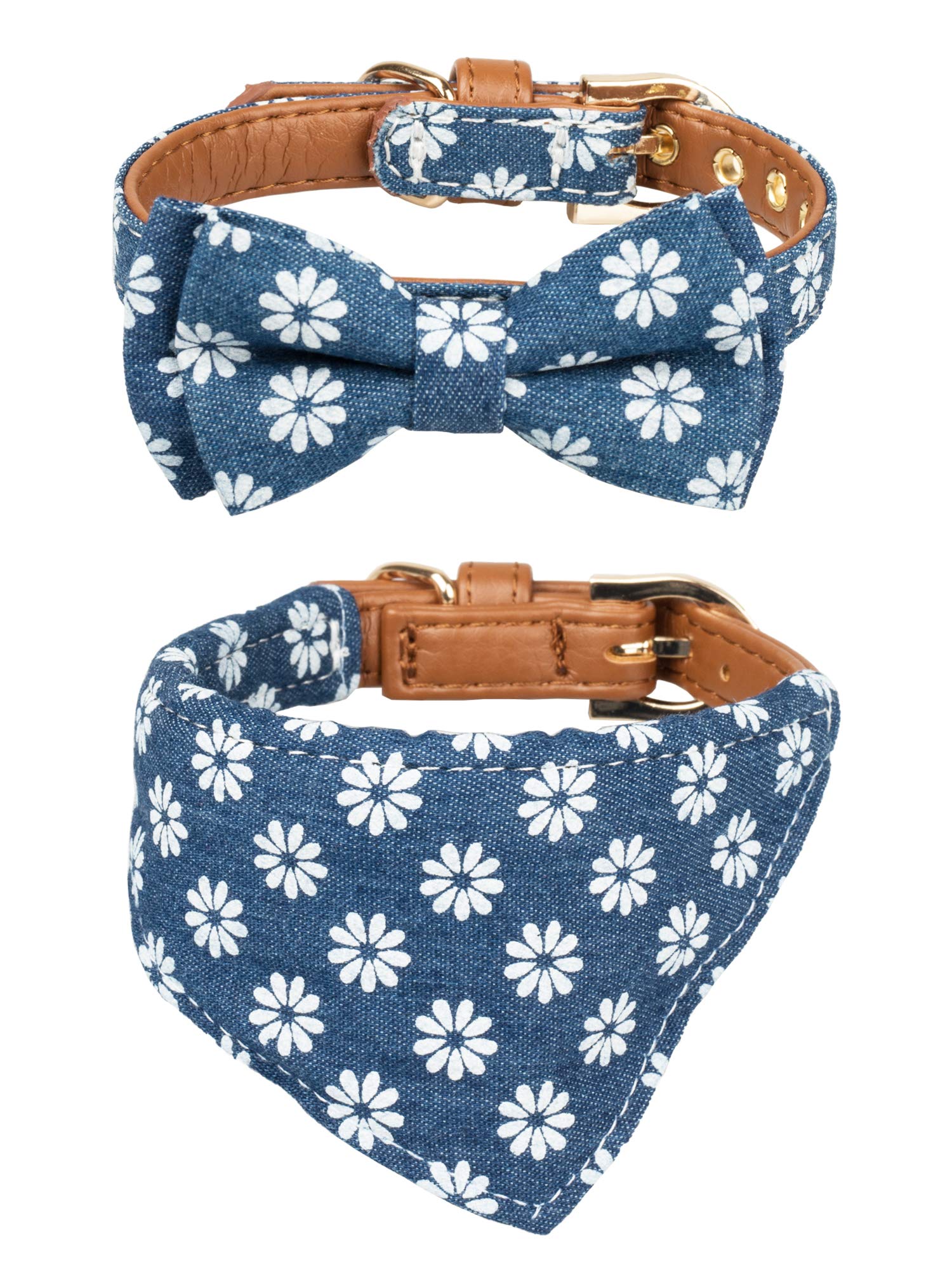 Gyapet Small Dog Collar Puppy Cat Tiny Pet Bow Tie & Bandana 2Pcs Set Pu Leather Canvas Scarf Durable Blue Daisy